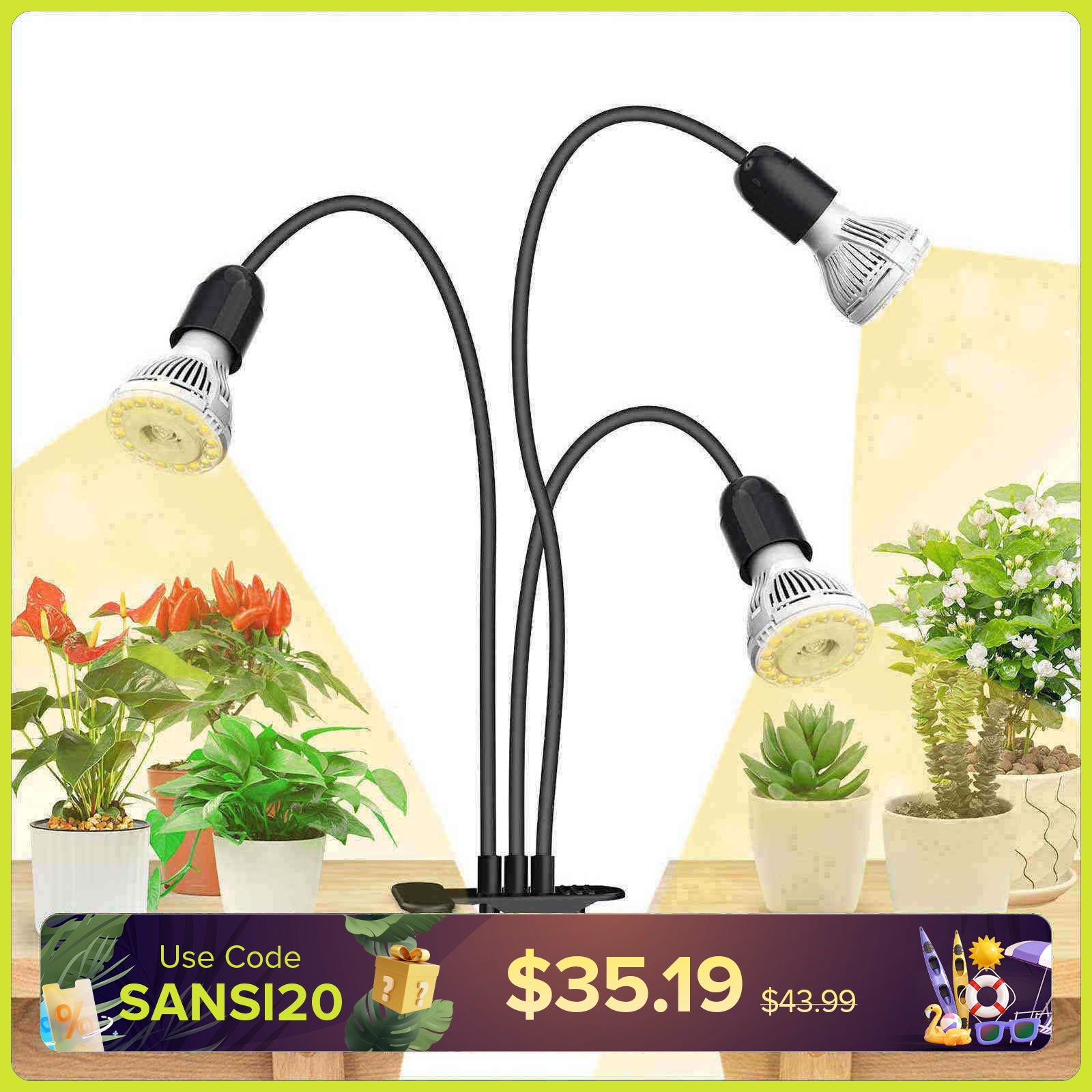 30W Adjustable 3-Head Clip-on LED Grow Light (US/CA ONLY)