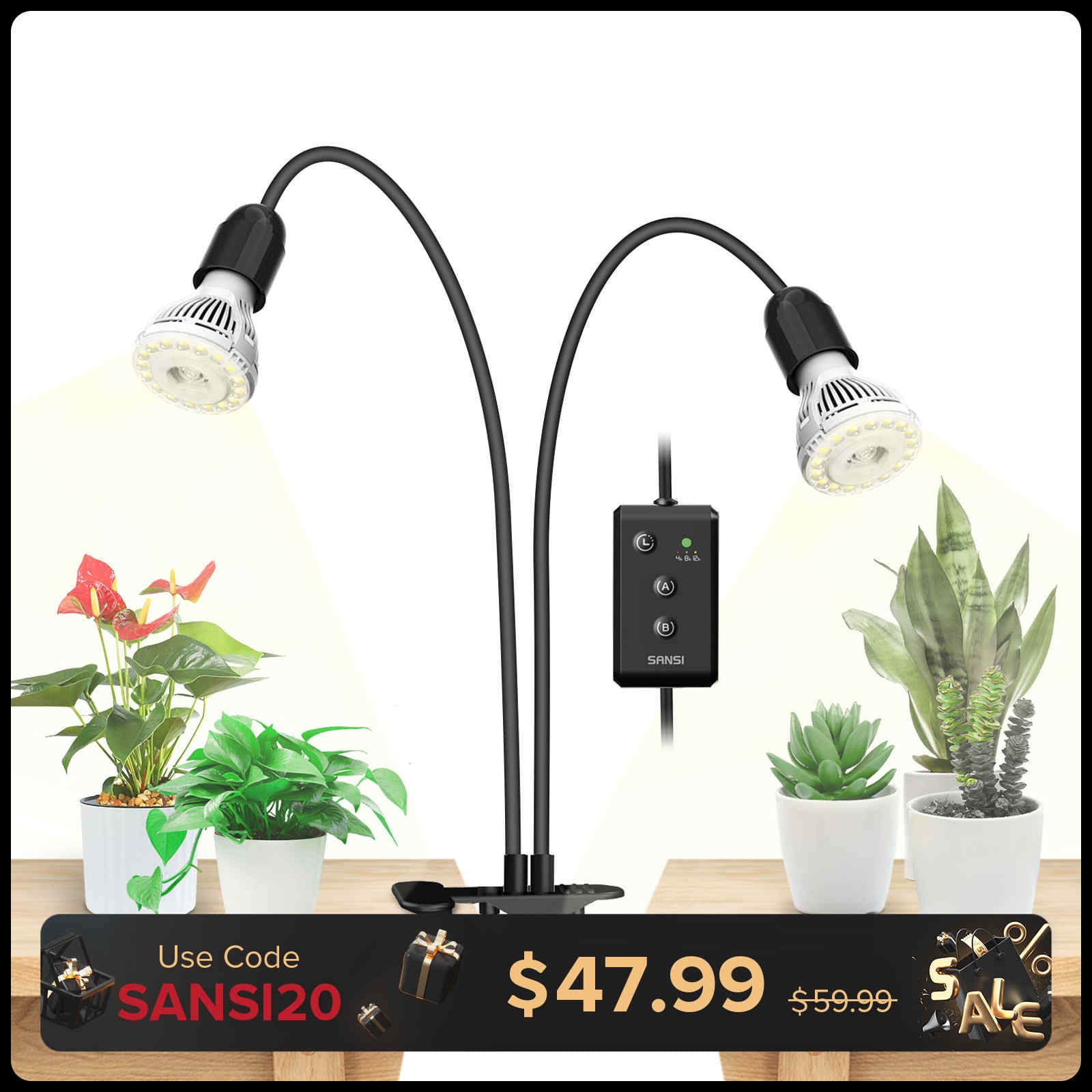 20W Adjustable 2-Head Clip-on LED Grow Light With Timer/No Timer