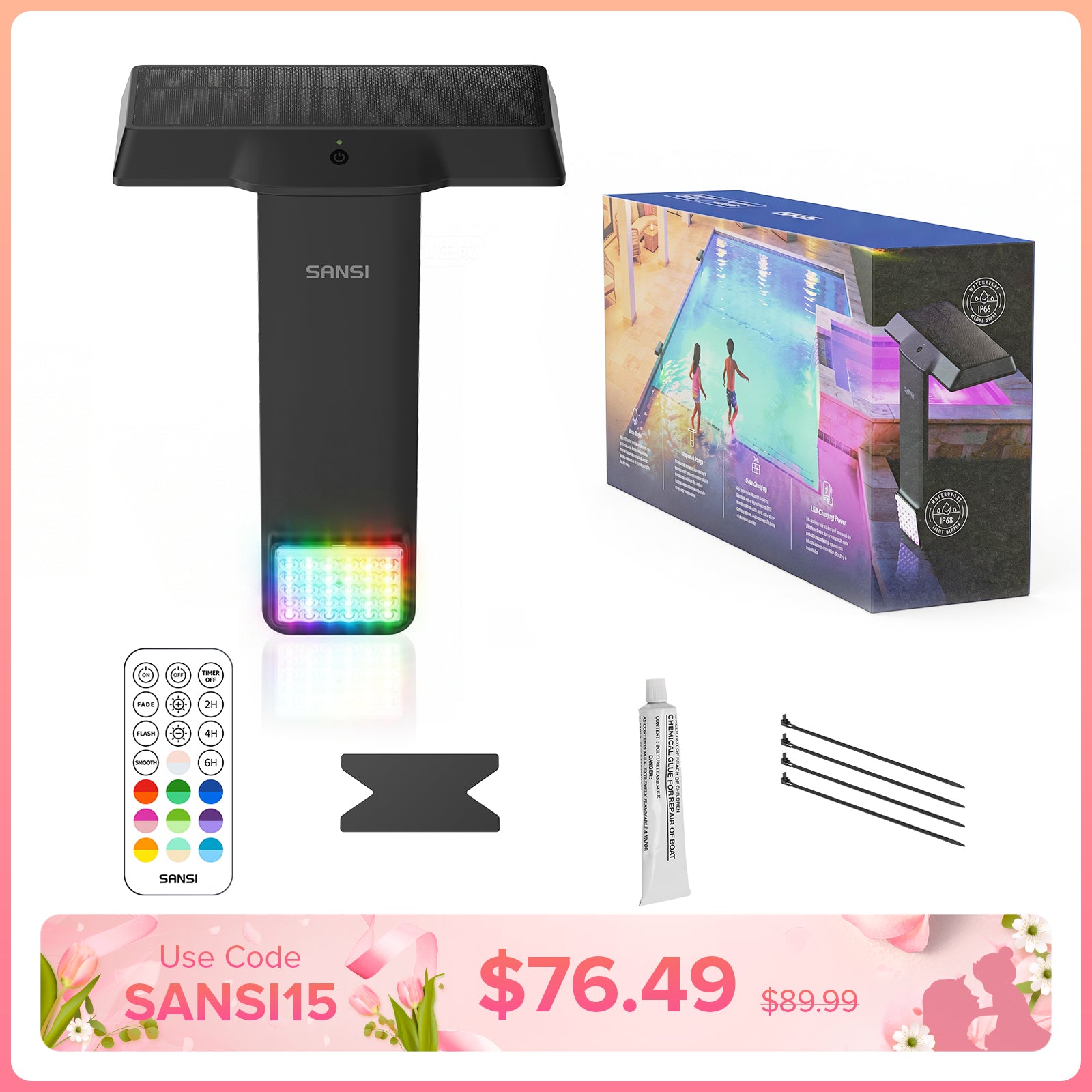 SANSI Solar RGB LED Pool Light with Remote Control