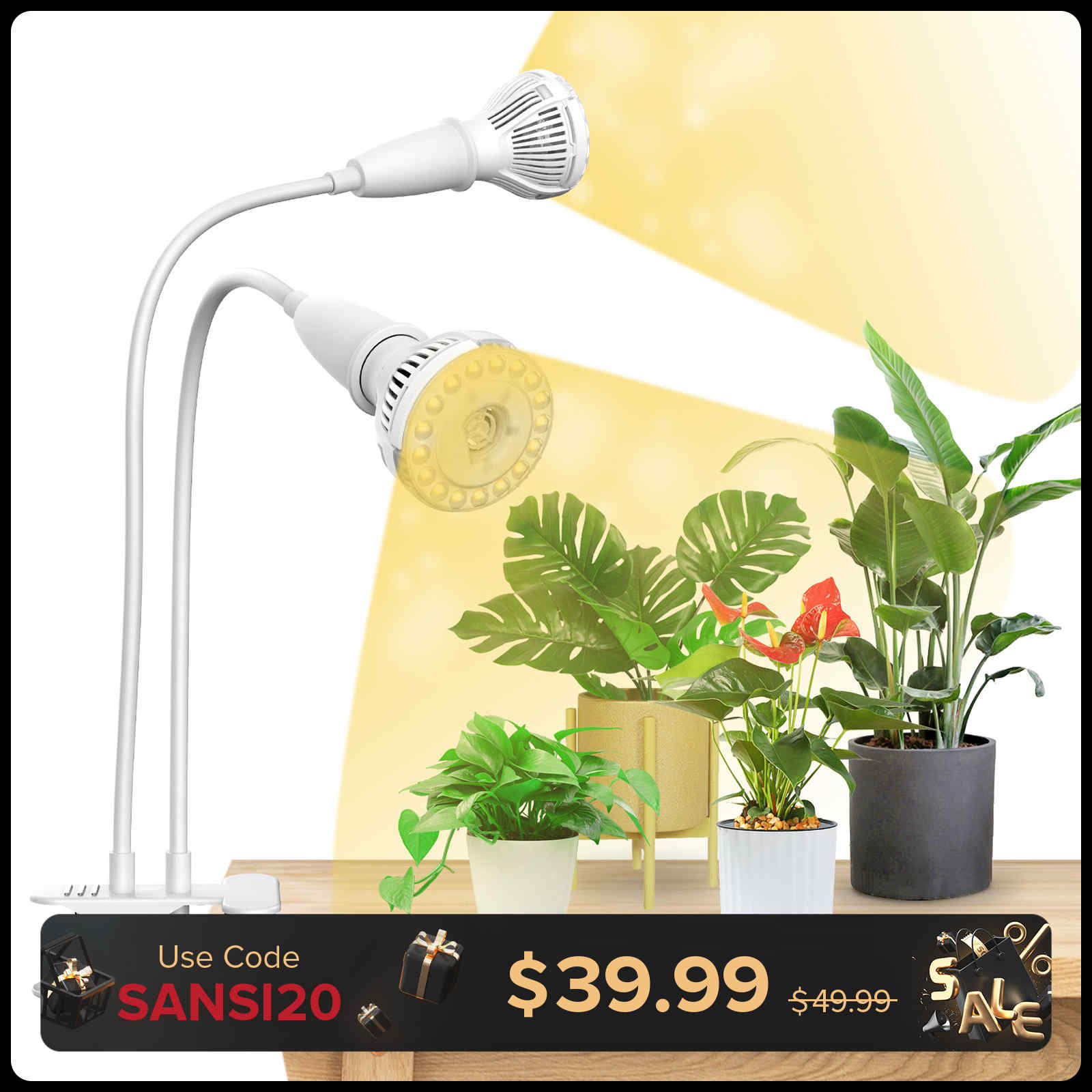 20W Adjustable 2-Head Clip-on LED Grow Light