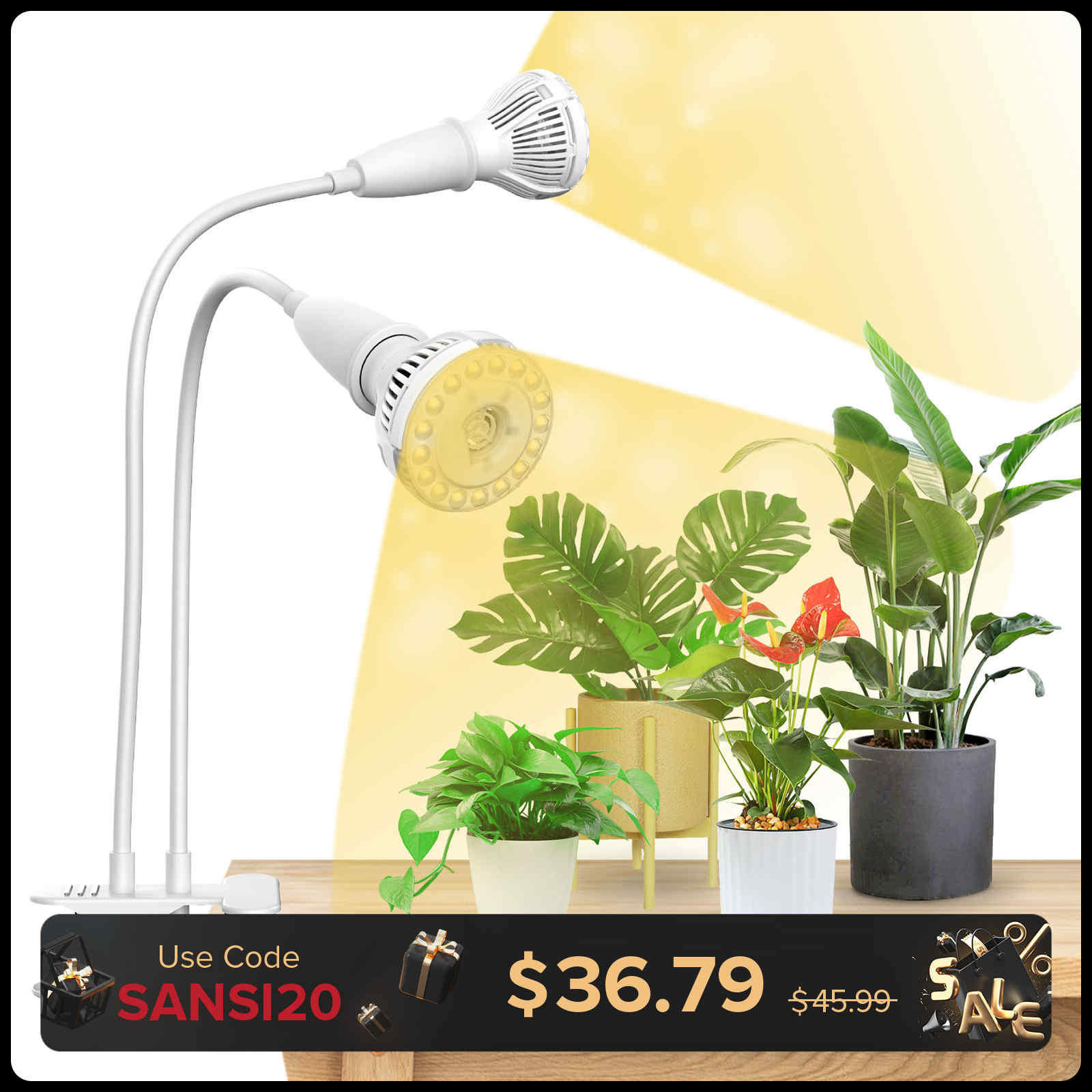 20W Adjustable 2-Head Clip-on LED Grow Light