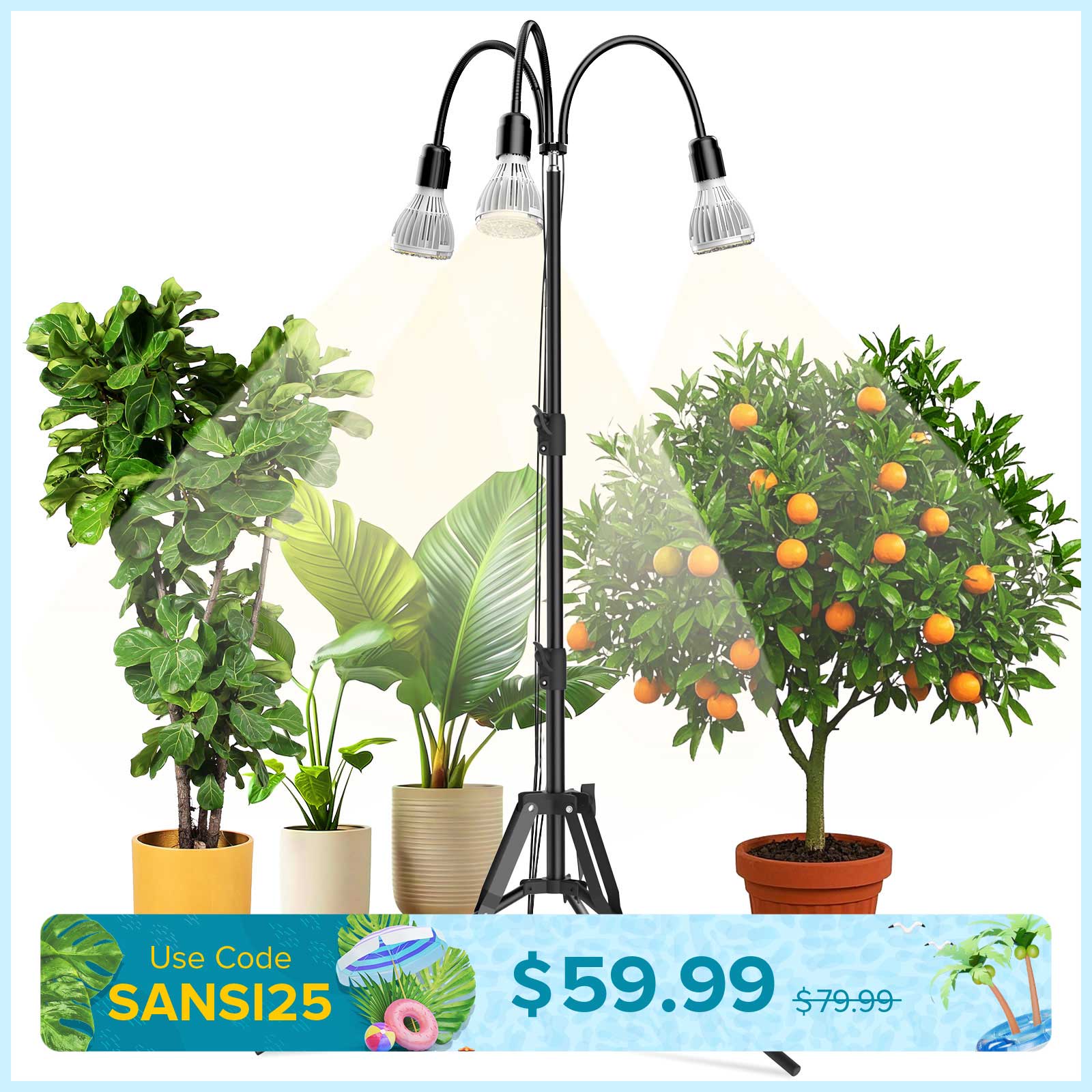 SANSI Upgraded 90W Multi-head Grow Light with Adjustable Tripod Stand