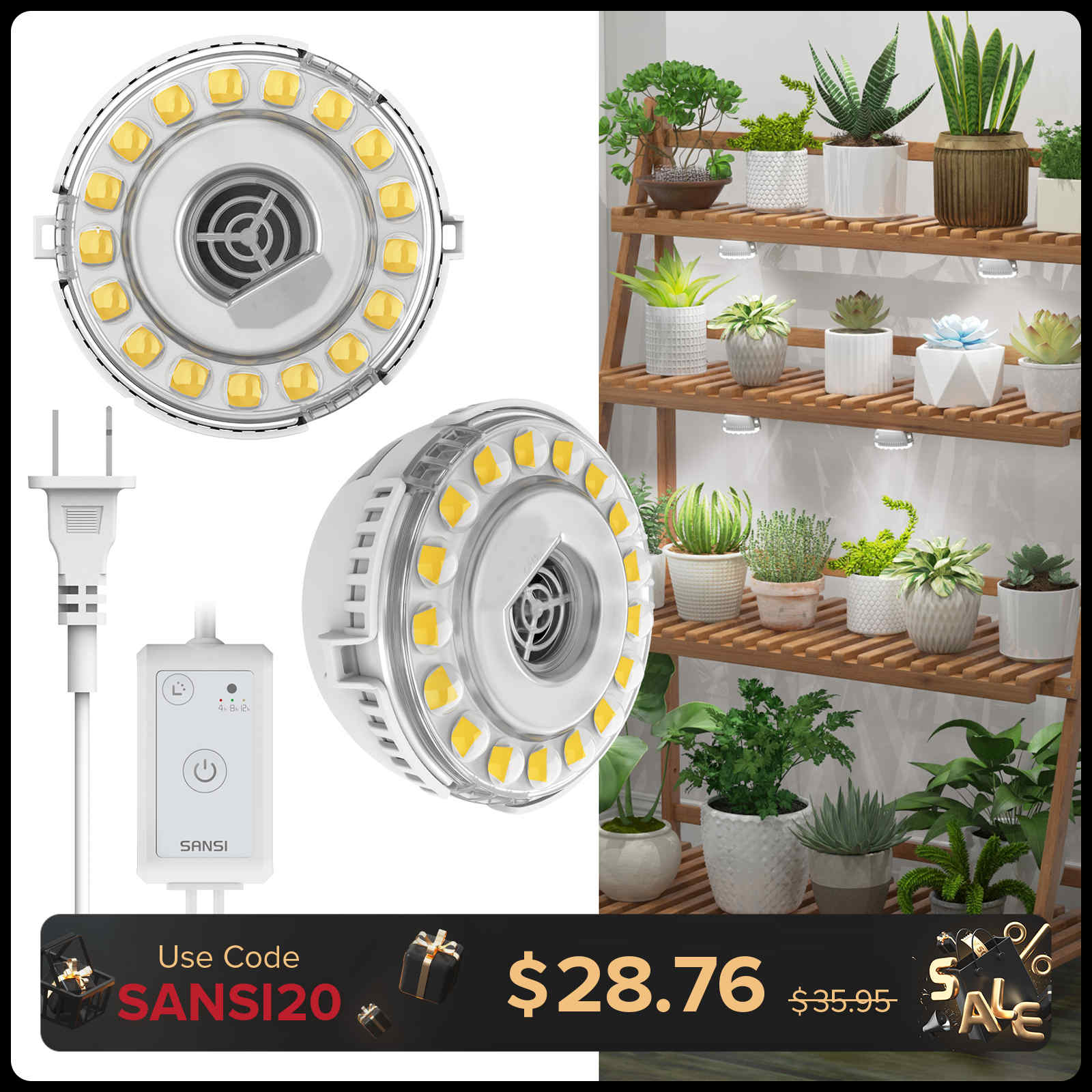 SANSI 10W LED Puck Grow Light With Timer & Dimmer