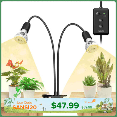 20W Verstellbare 2-Kopf-LED-Pflanzenlampe mit Klemme und Timer