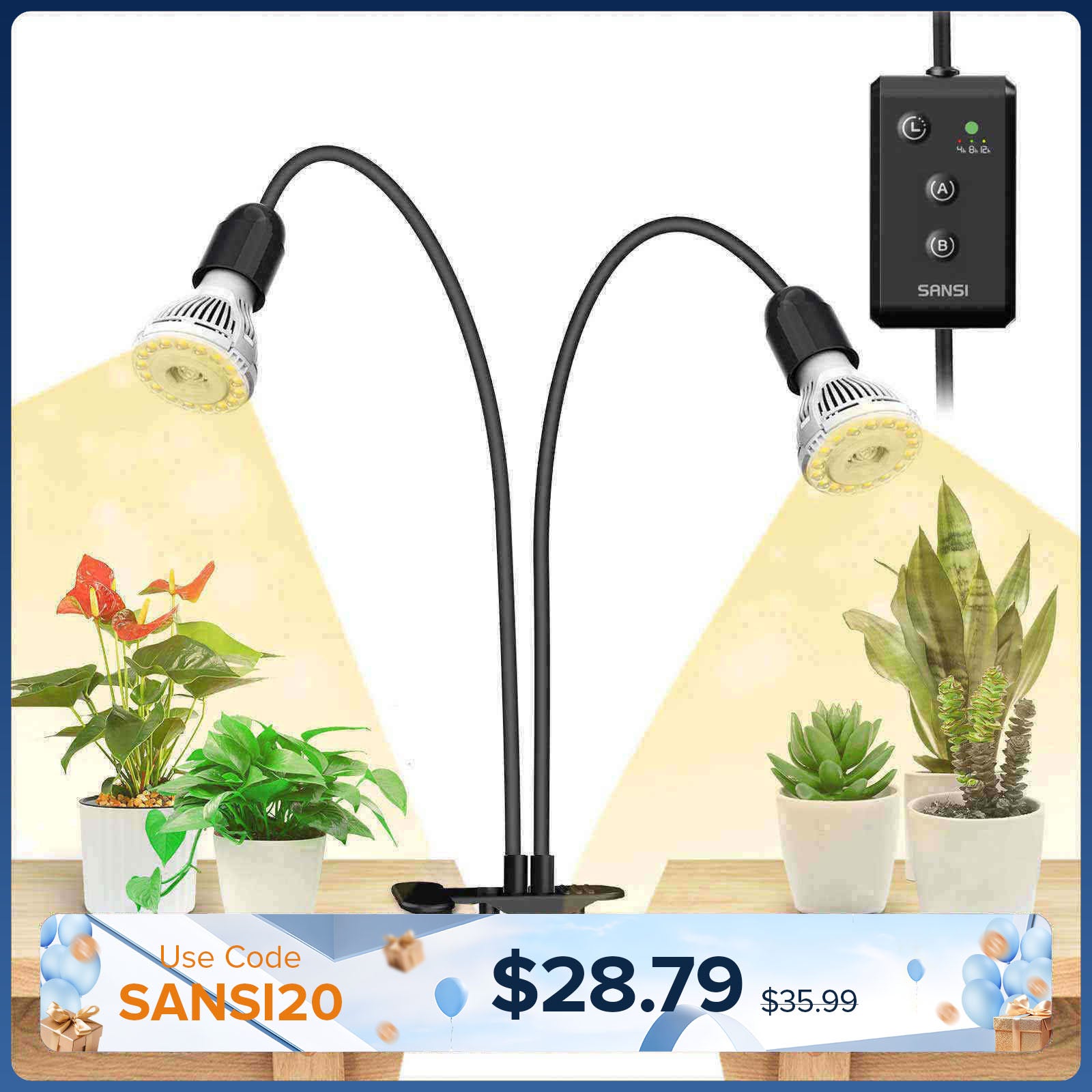 20W Verstellbare 2-Kopf-LED-Pflanzenlampe mit Klemme und Timer