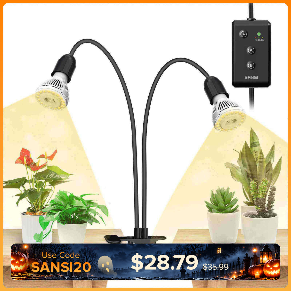 SANSI 20W Adjustable 2-Head Clip-on LED Grow Light With Timer