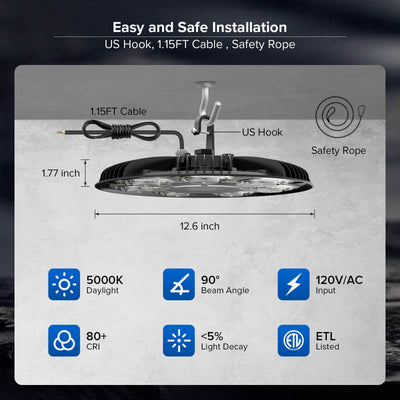 Easy and Safe Installation：US Hook, 1.15FT Cable , Safety Rope.