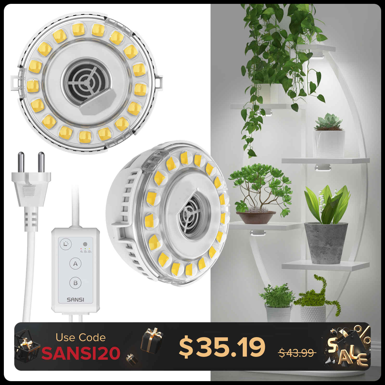 SANSI 10W LED Puck Pflanzenlampe mit Timer und Dimmer