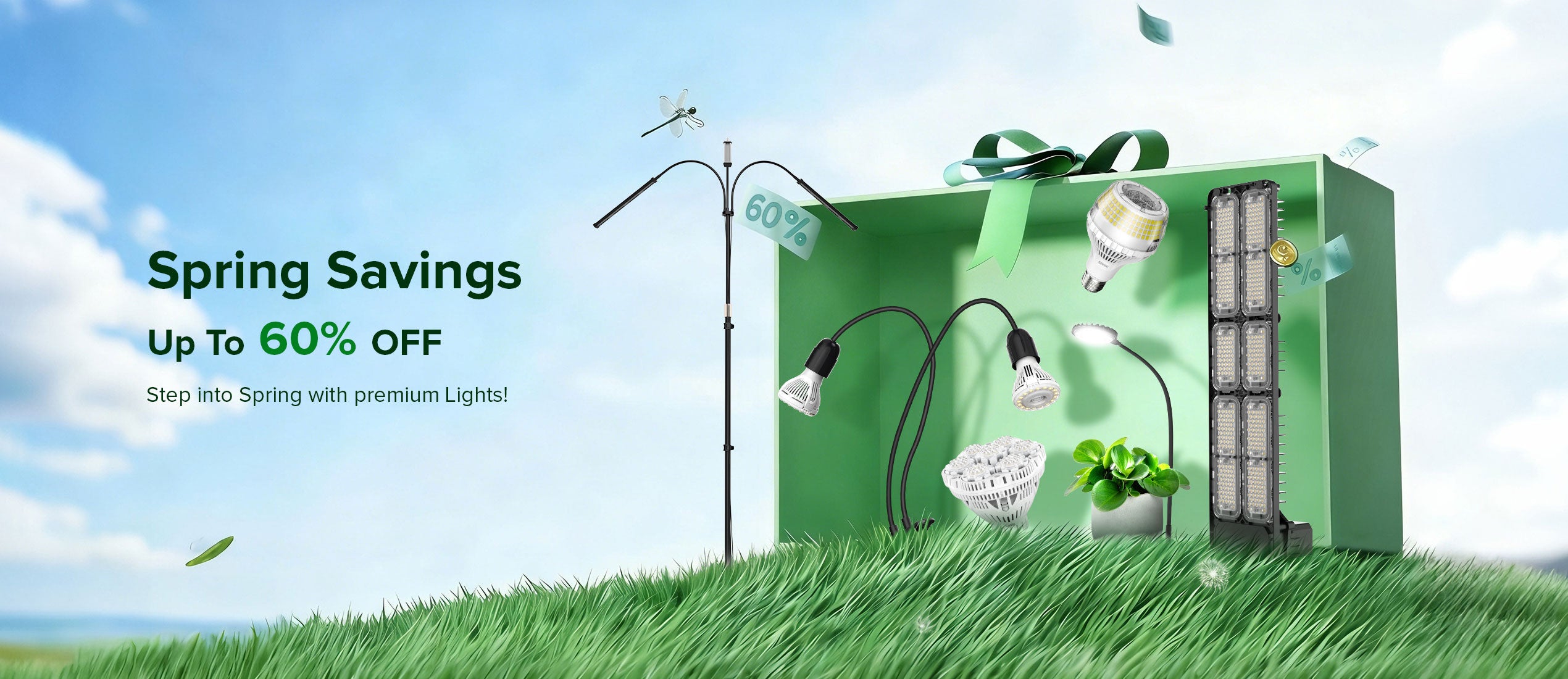Promotional banner for spring savings on premium lights with a green box and light bulbs against a blue sky.