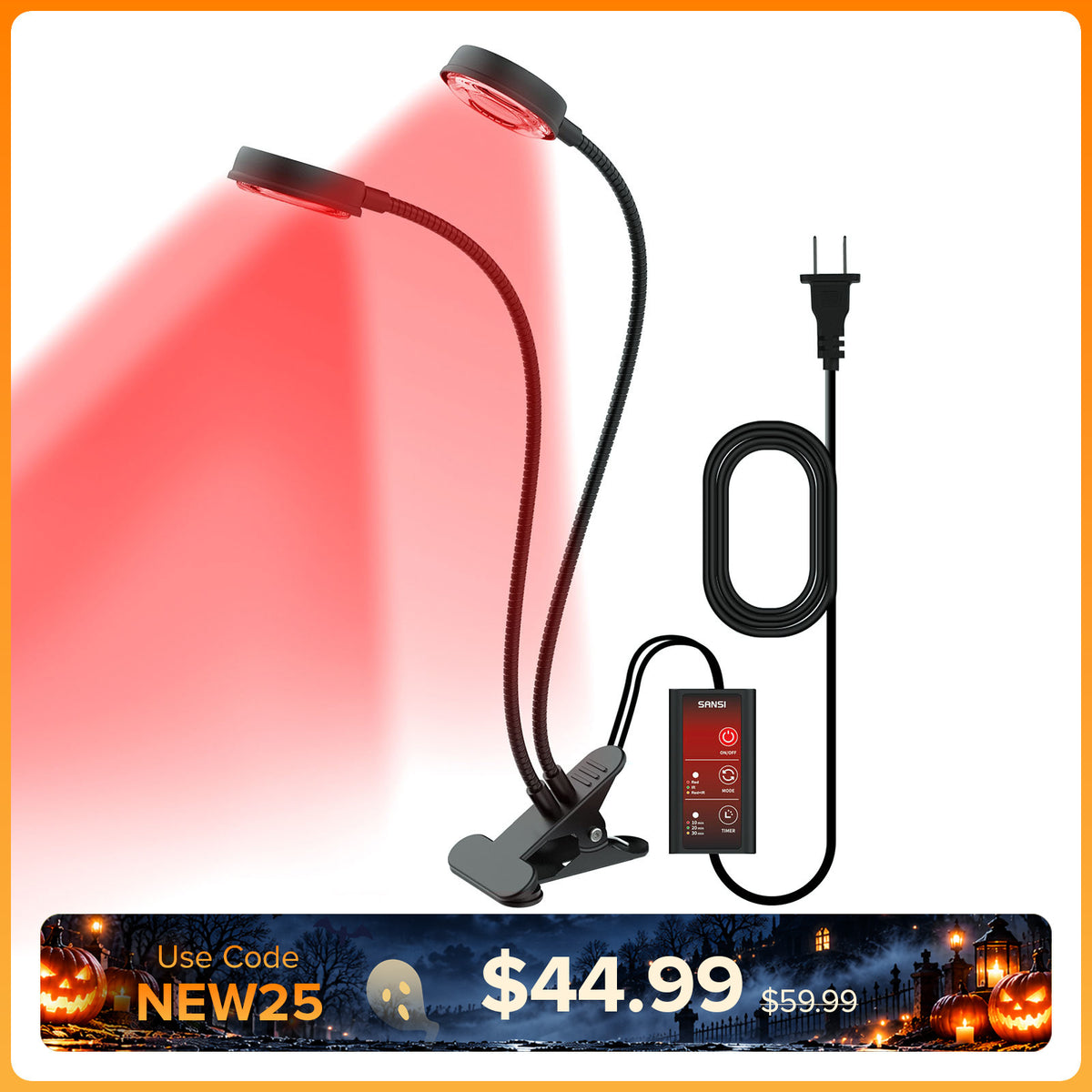 SANSI 24W Adjustable 2-Head Clip-on Red Therapy Light for Body Face (US ONLY)