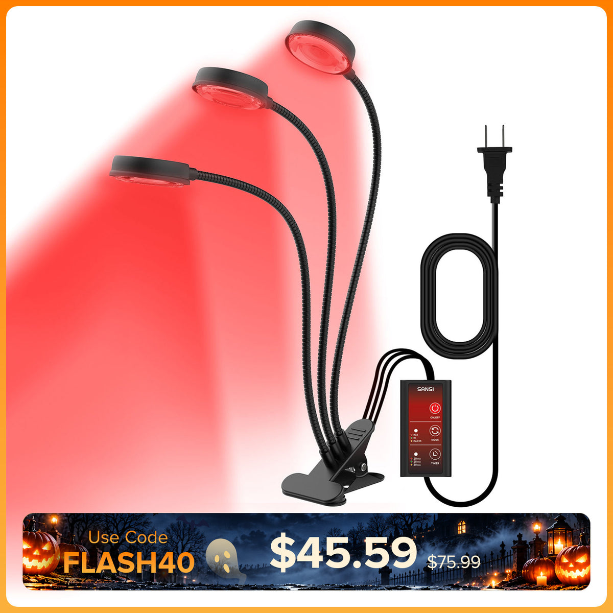 SANSI 40W Adjustable 3-Head Clip-on Red Therapy Light for Body Face (US ONLY)