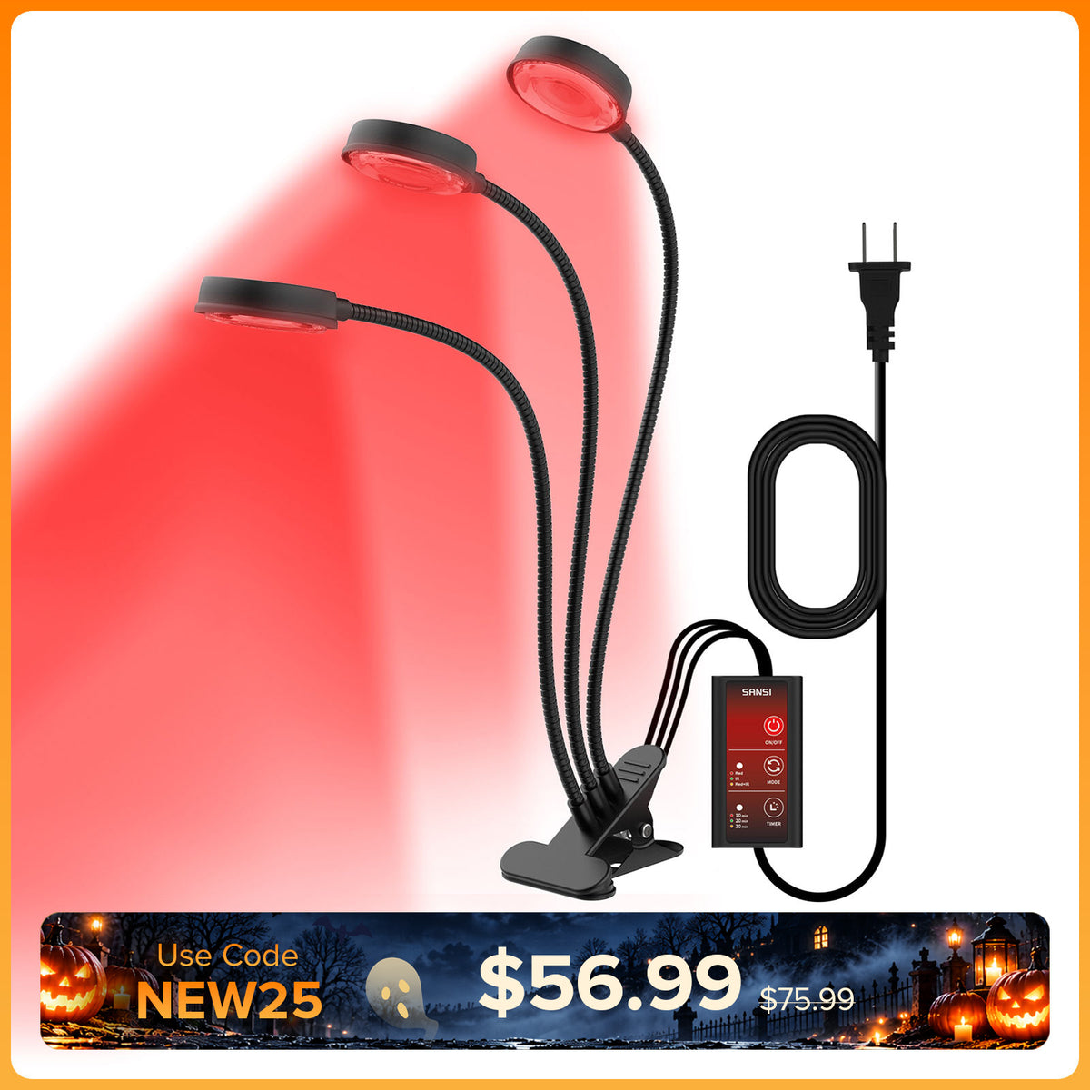 SANSI 40W Adjustable 3-Head Clip-on Red Therapy Light for Body Face (US ONLY)