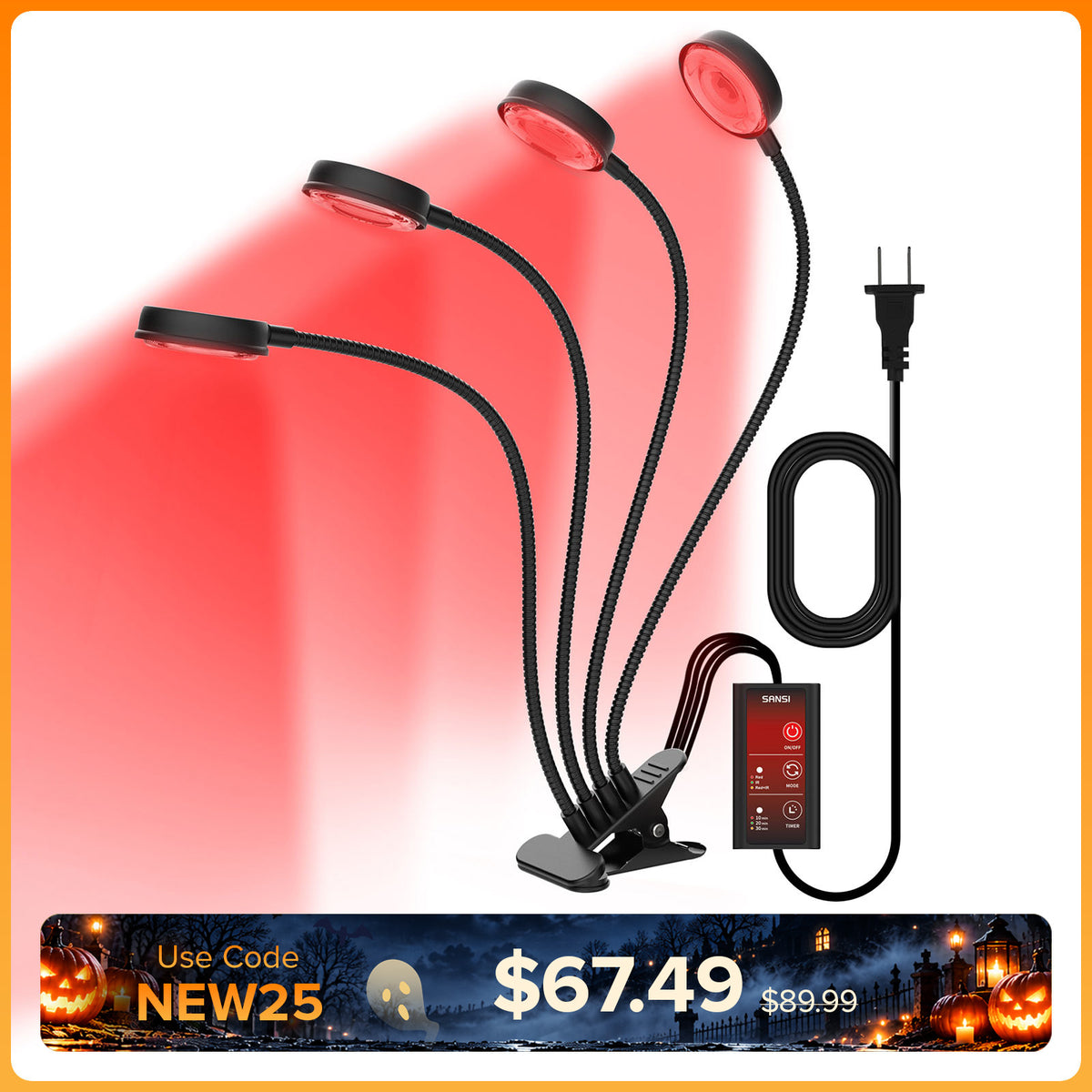 SANSI 50W Adjustable 4-Head Clip-on Red Therapy Light for Body Face (US ONLY)