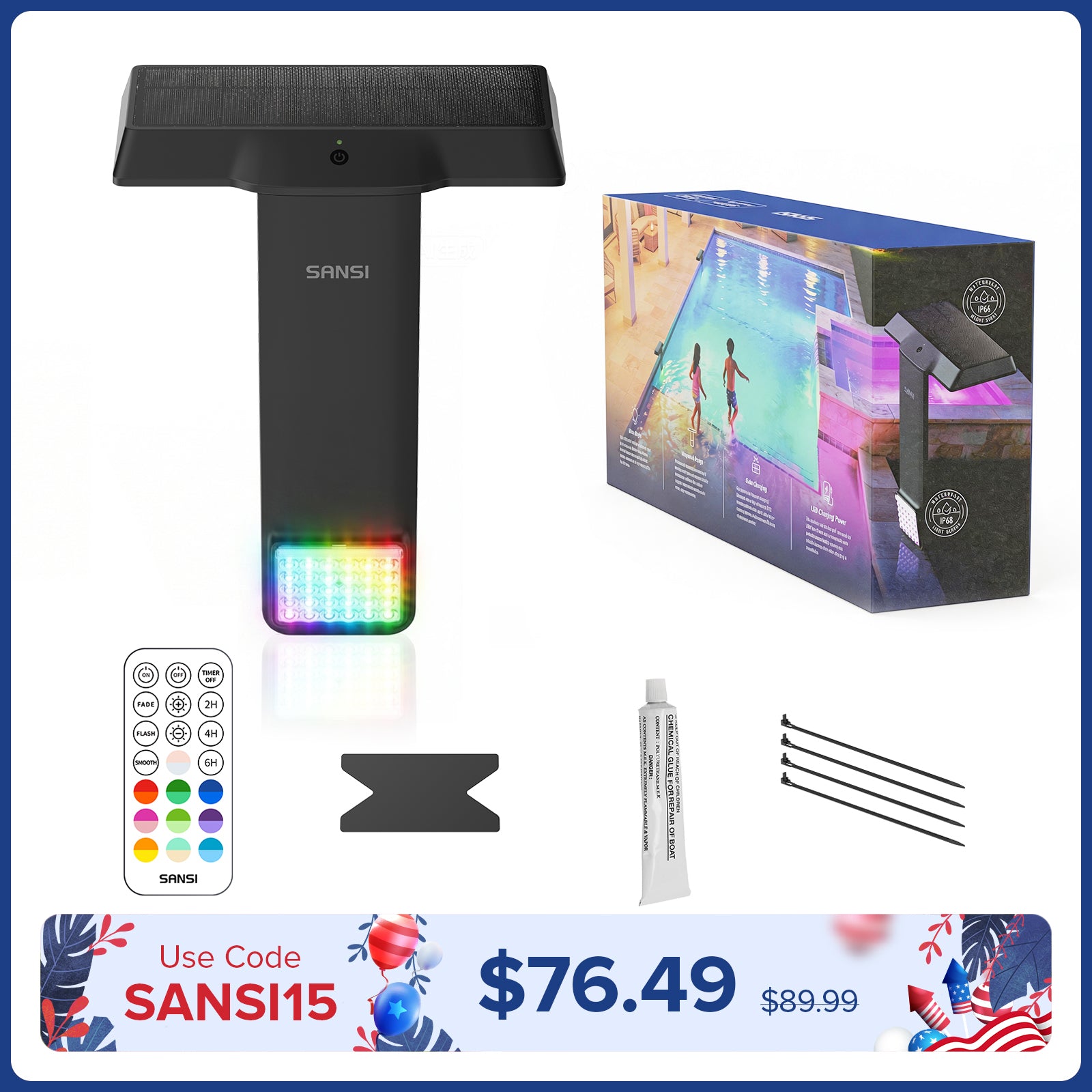 SANSI Solar RGB LED Pool Light with Remote Control