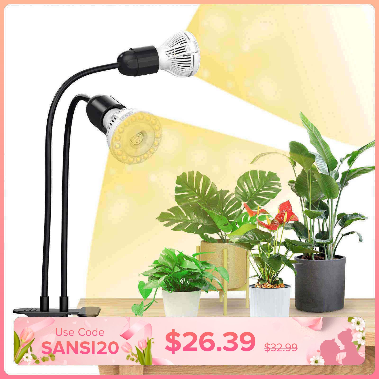 20W Adjustable 2-Head Clip-on LED Grow Light