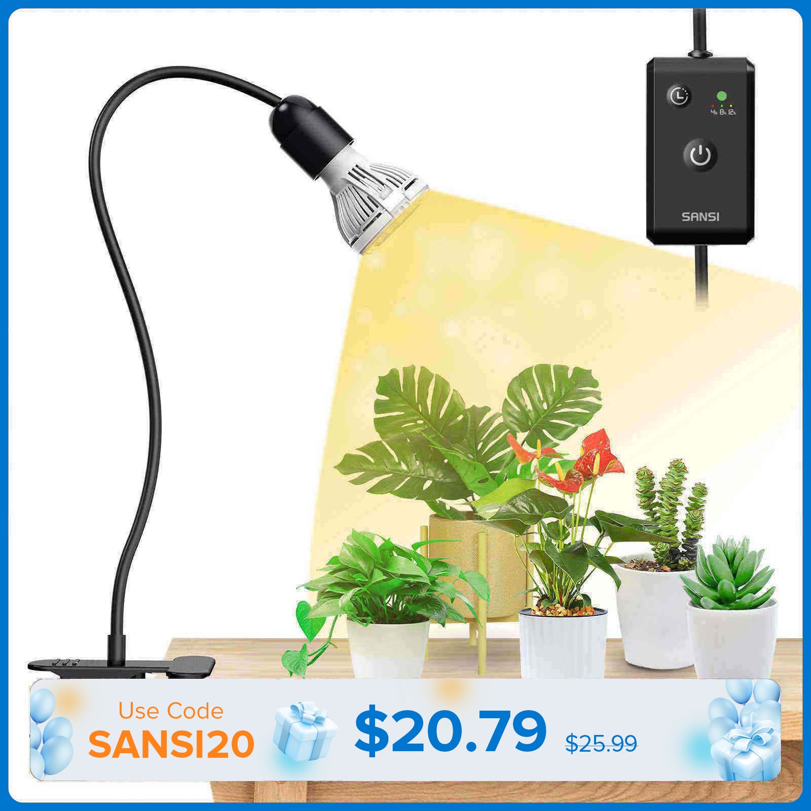 10W Adjustable 1-Head Clip-on LED Grow Light with Timer (US/CA ONLY)