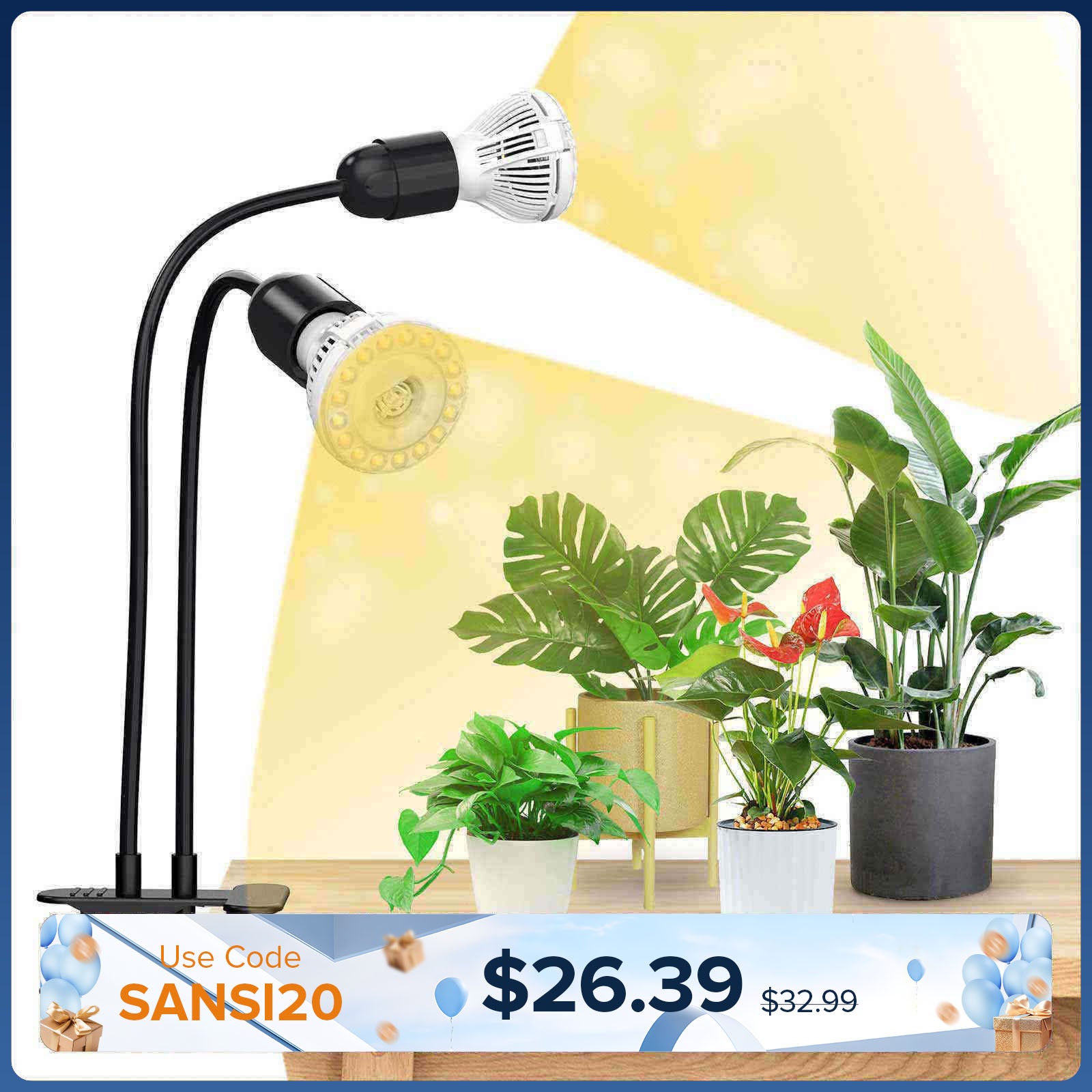 20 W verstellbares 2-Kopf-Clip-on-LED-Wachstumslicht 