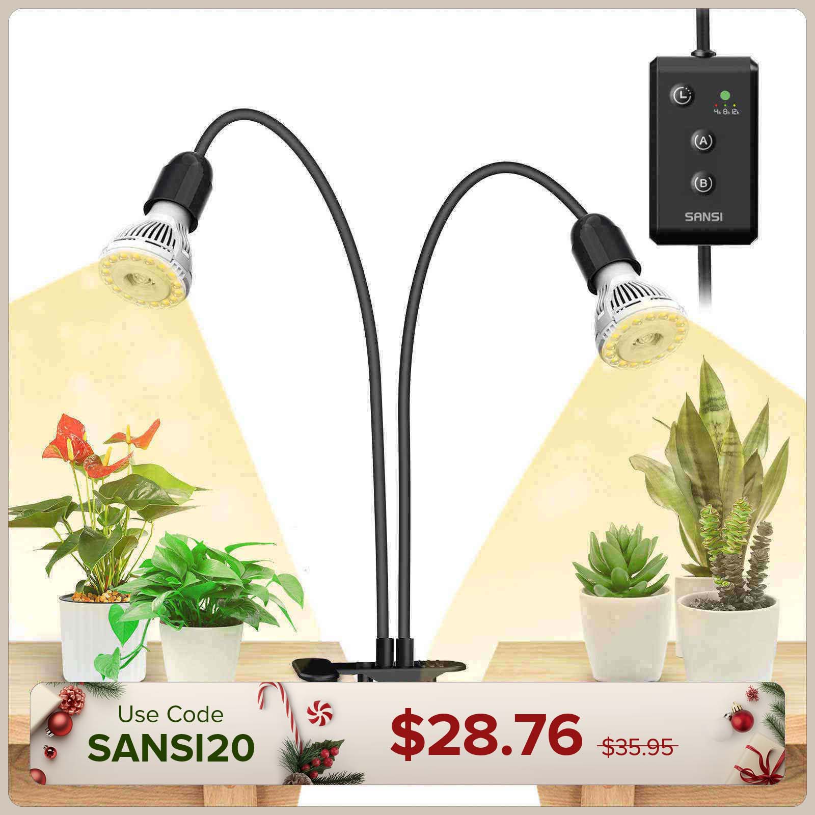 20W Adjustable 2-Head Clip-on LED Grow Light With Timer/No Timer