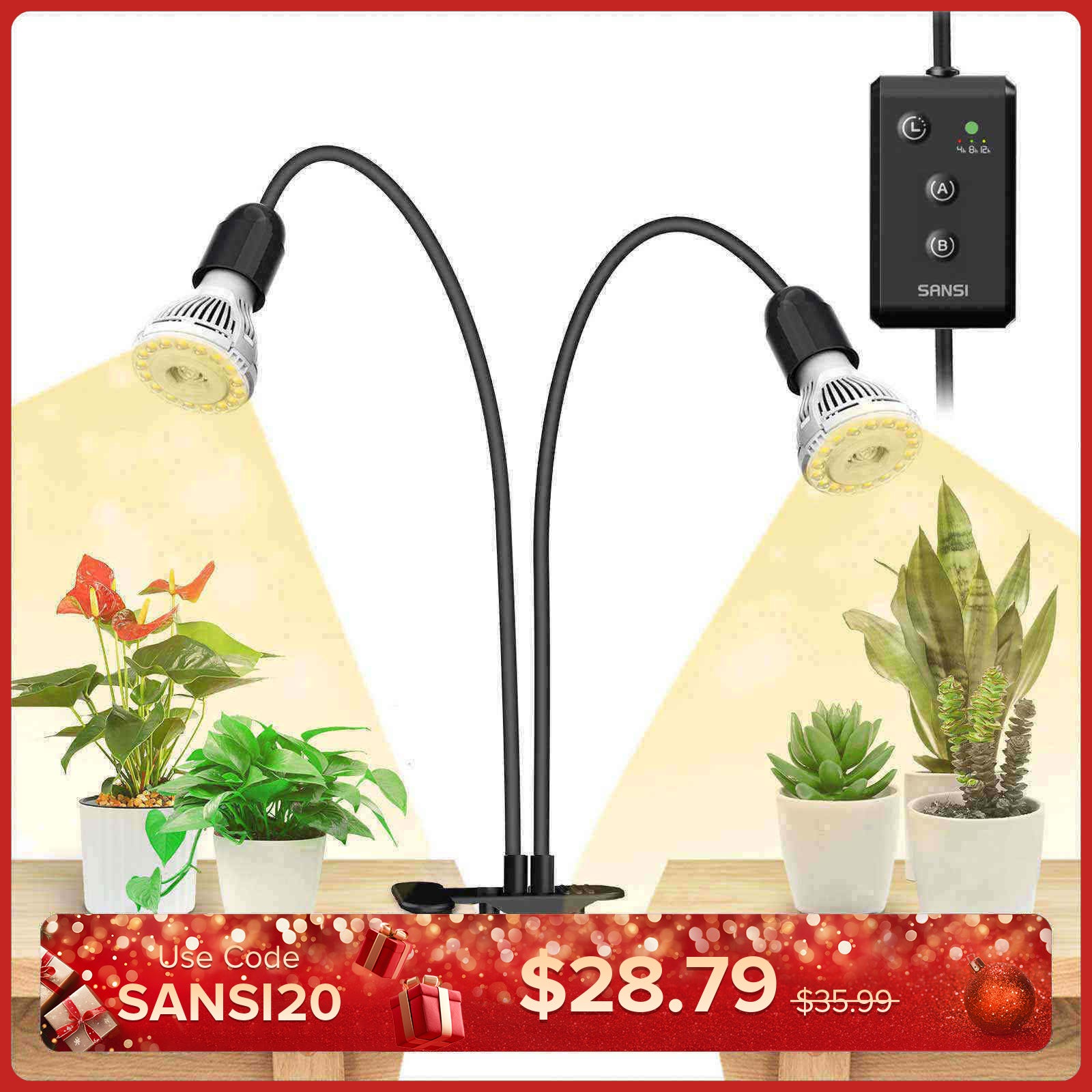 20W verstellbare 2-Kopf-Clip-on-LED-Wachstumslampe mit Timer/ohne Timer 