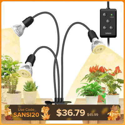 30-W-LED-Pflanzenlampe mit 3 verstellbaren Köpfen und Timer zum Anklemmen.