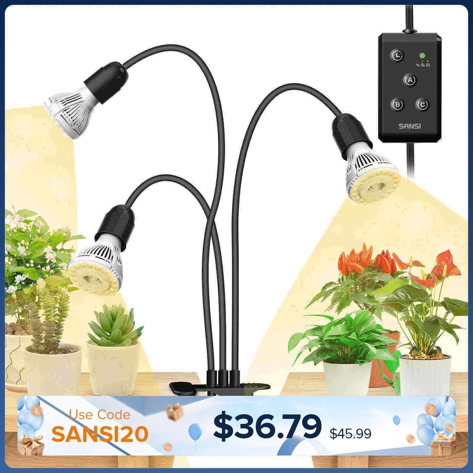 30-W-LED-Pflanzenlampe mit 3 verstellbaren Köpfen und Timer zum Anklemmen.