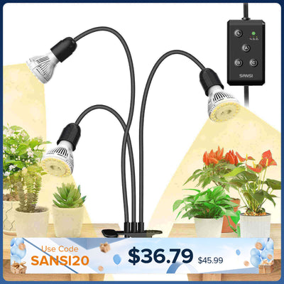 30-W-LED-Pflanzenlampe mit 3 verstellbaren Köpfen und Timer zum Anklemmen.