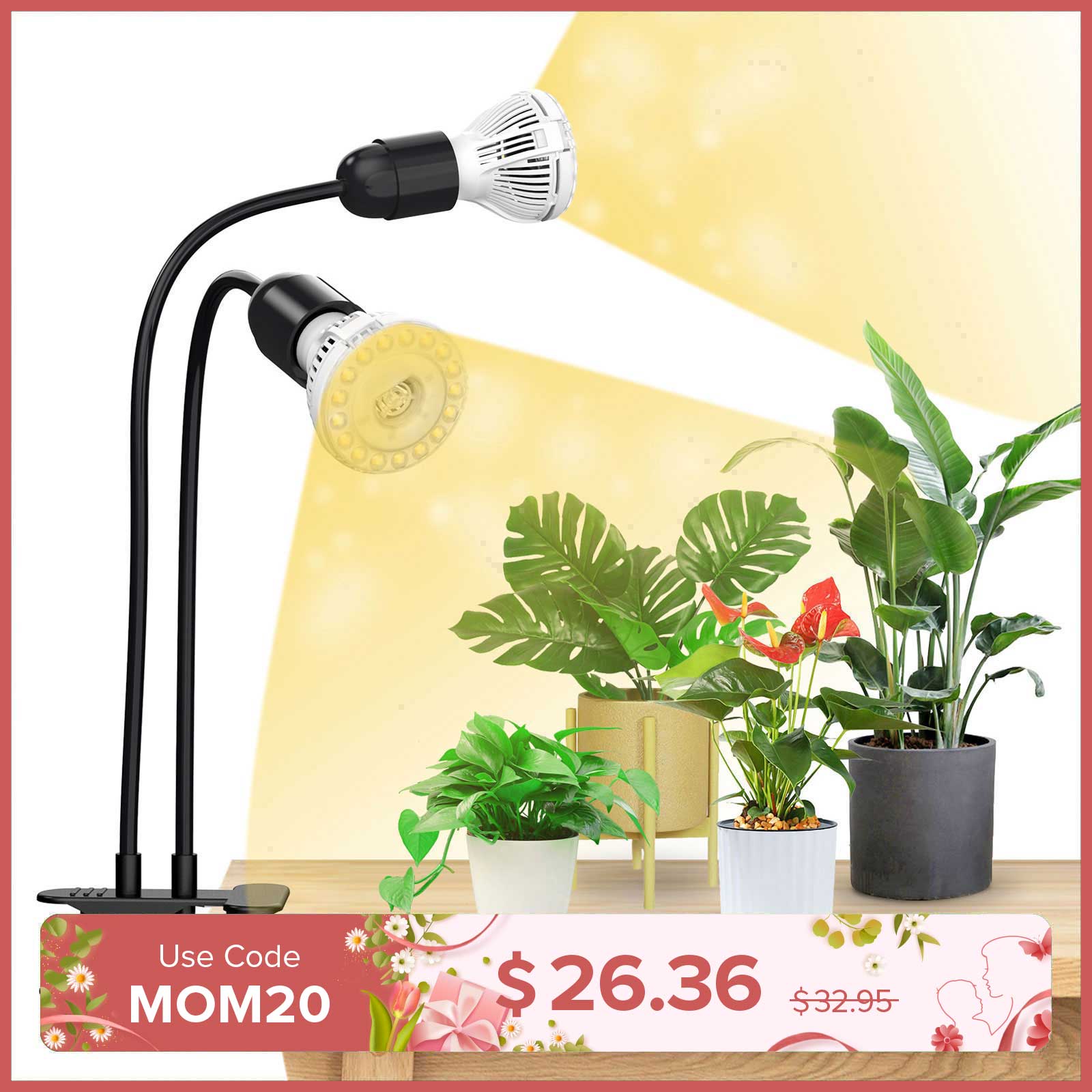 20W Adjustable 2-Head Clip-on LED Grow Light With Timer/No Timer