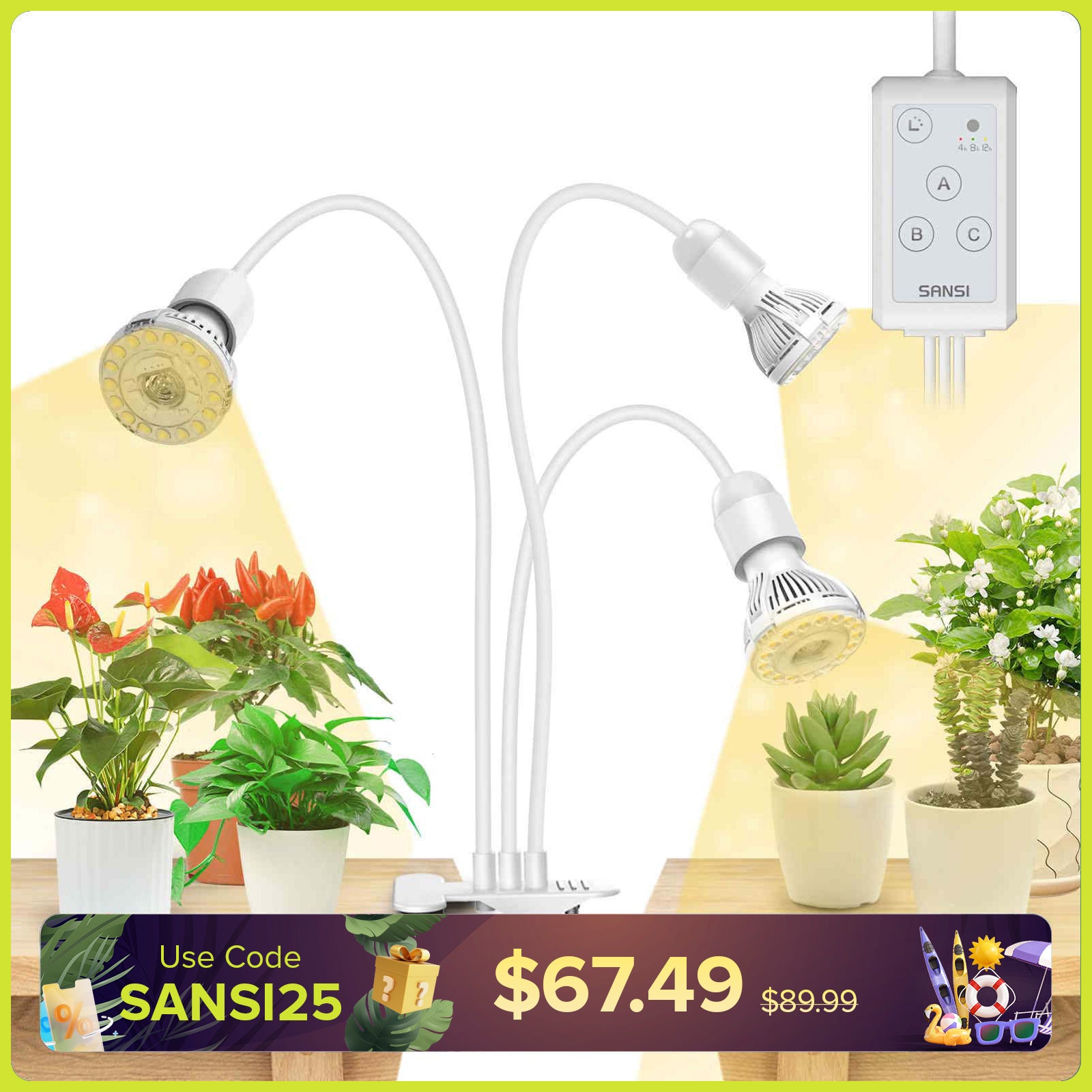 SANSI 30W Adjustable 3-Head Clip-on LED Grow Light with Timer-White