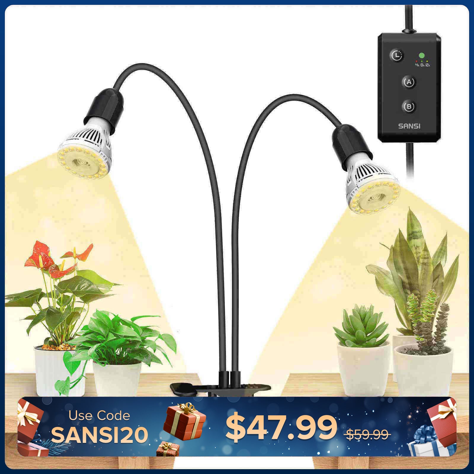 20W verstellbare 2-Kopf-Clip-on-LED-Wachstumslampe mit Timer/ohne Timer 