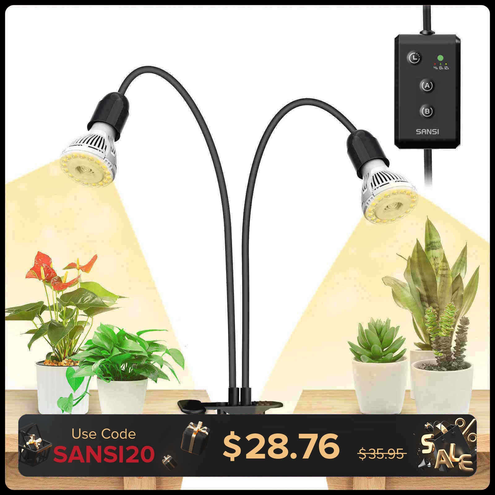 20W Adjustable 2-Head Clip-on LED Grow Light With Timer/No Timer