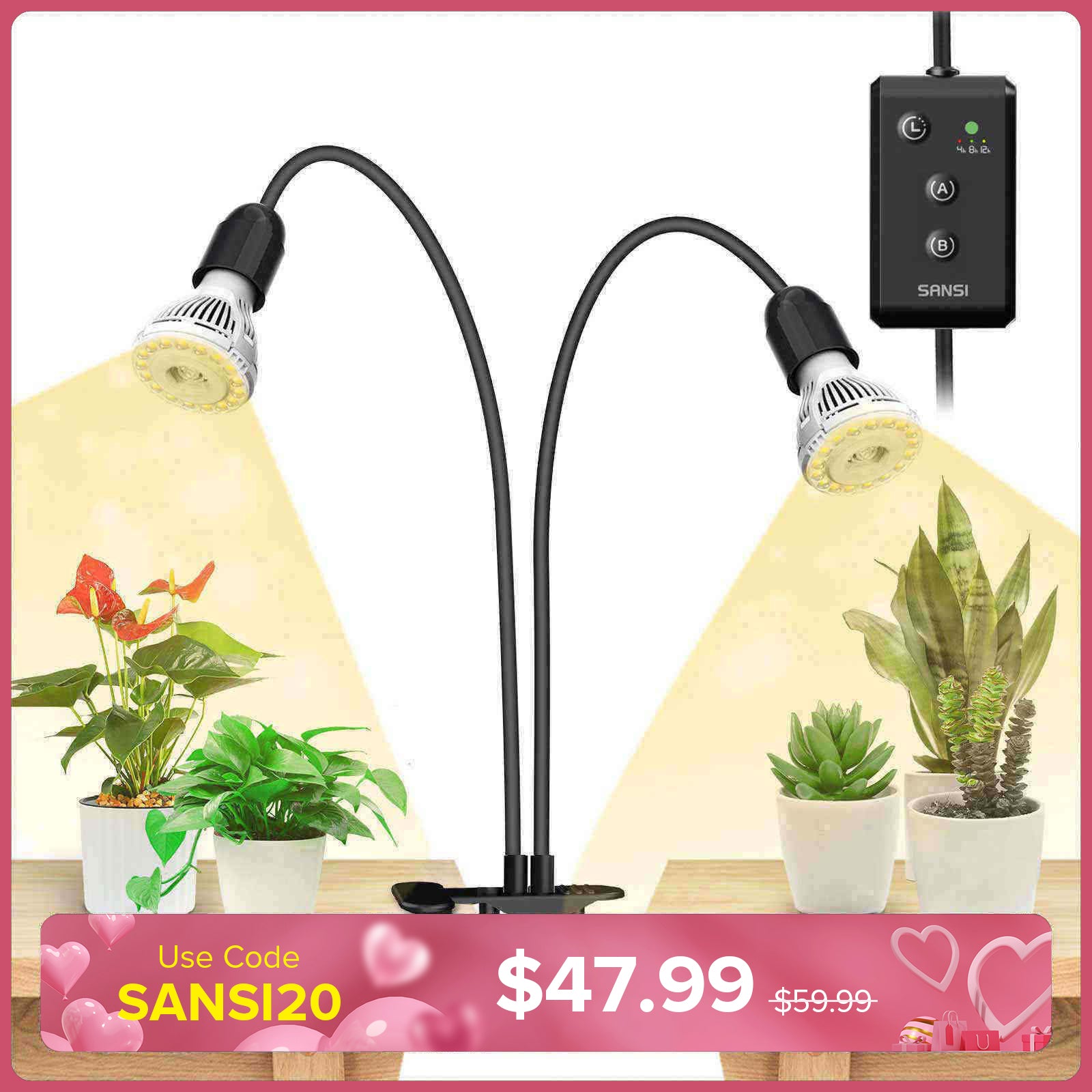 Lampada LED da coltivazione a clip regolabile a 2 teste da 20 W con timer 