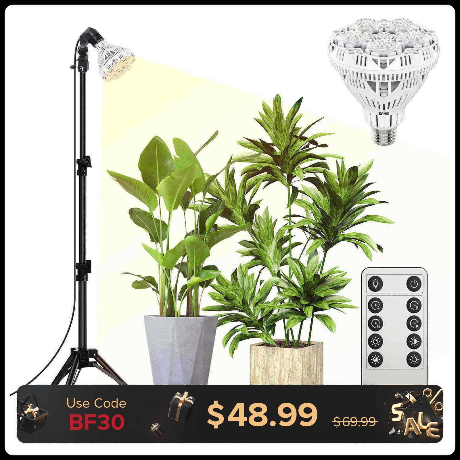 BR30 30W Adjustable Tripod Stand Grow Light with Remote Control (US/CA ONLY)