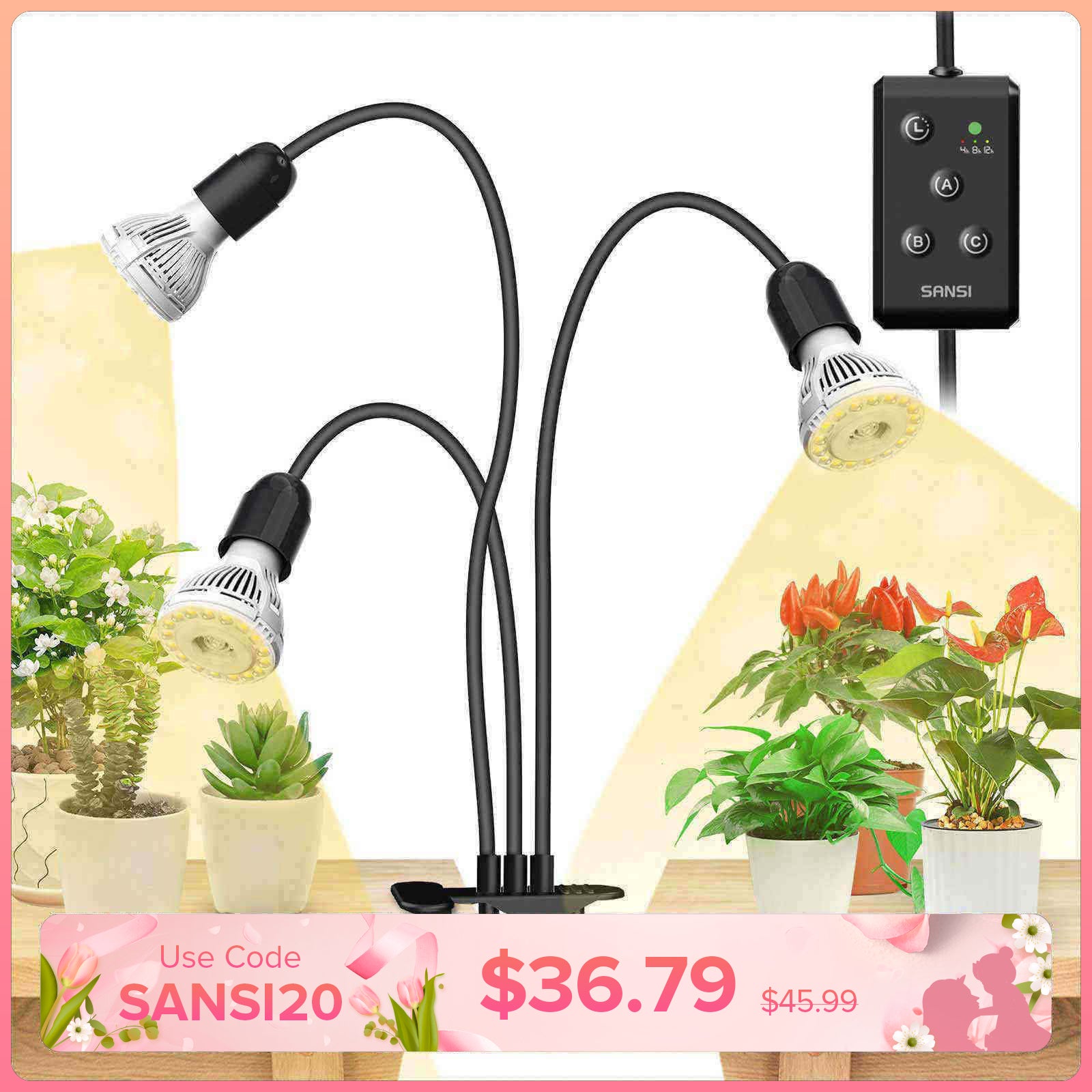 30W Adjustable 3-Head Clip-on LED Grow Light with Timer