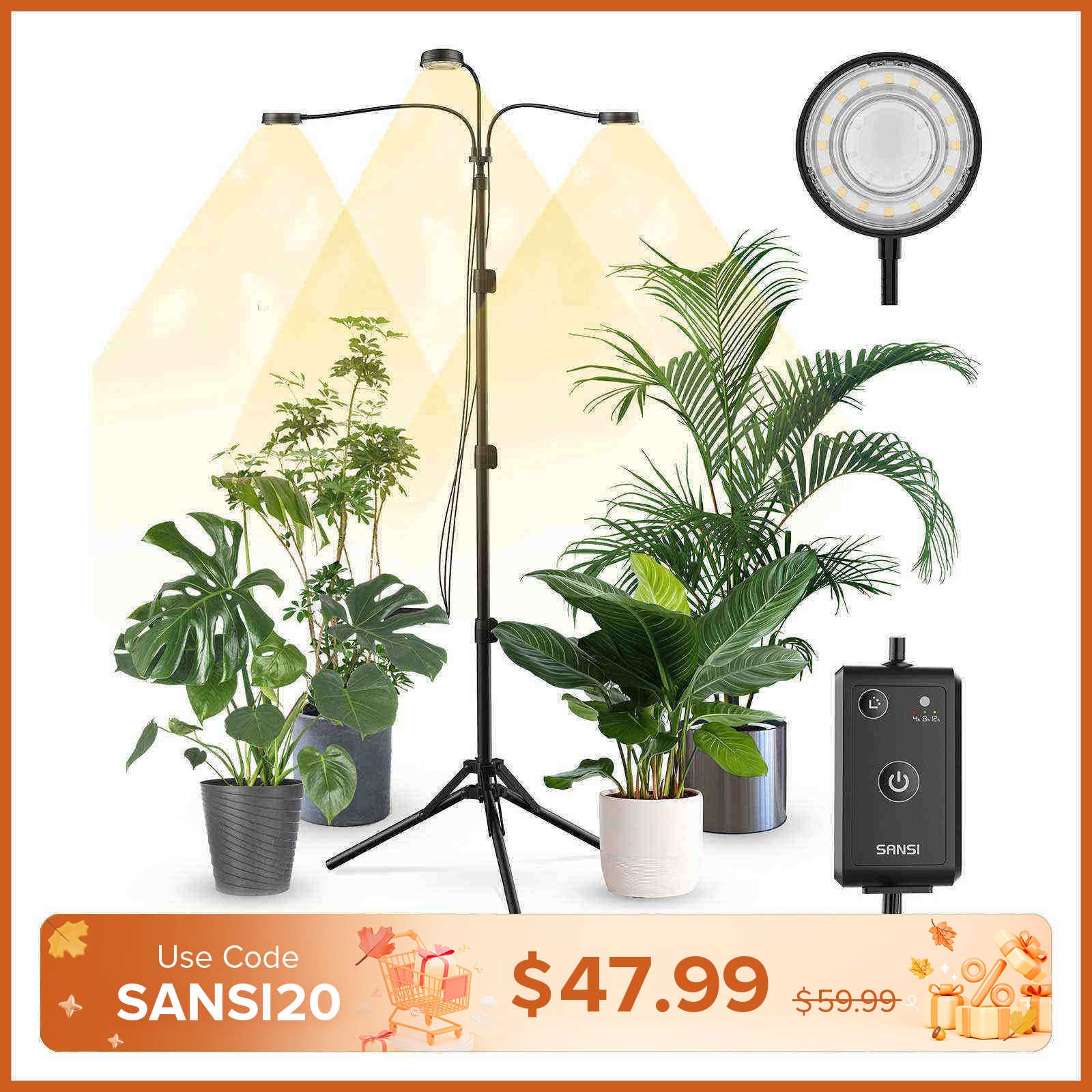 SANSI 30W 3-Head Adjustable Tripod Stand Grow Light with Remote Control