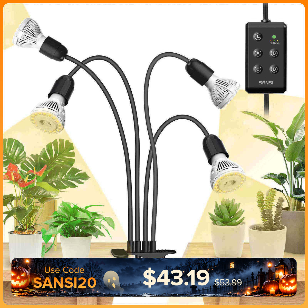 40-W-LED-Pflanzenlampe mit 4 verstellbaren Köpfen und Timer zum Anklemmen.