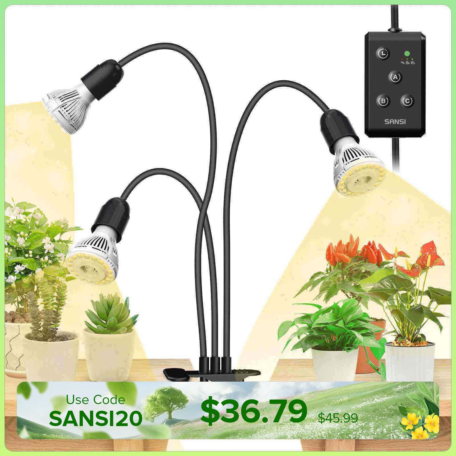 30W Adjustable 3-Head Clip-on LED Grow Light with Timer