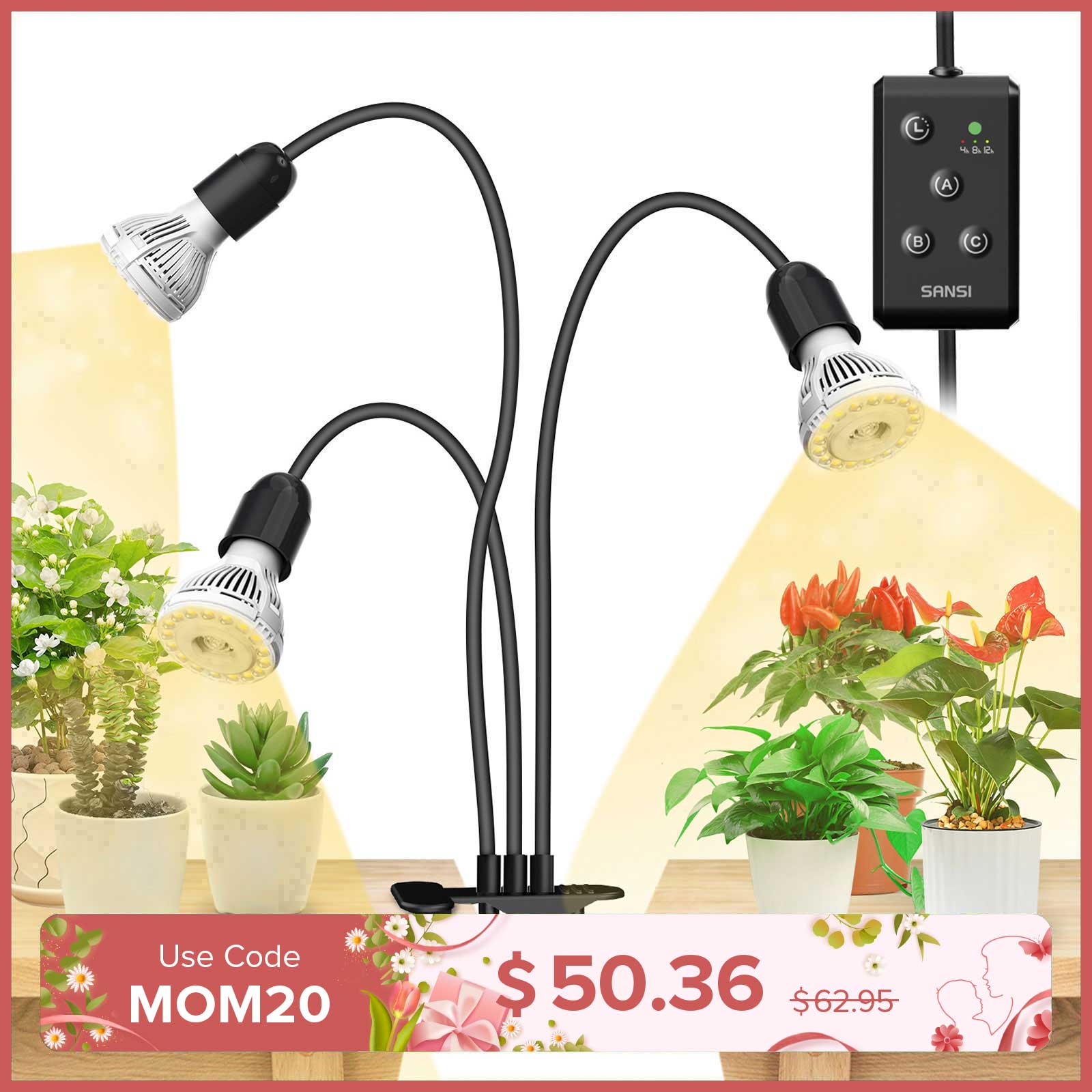 30W Adjustable 3-Head Clip-on LED Grow Light with Timer/No Timer