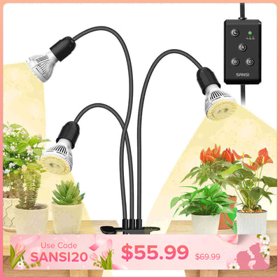 30-W-LED-Pflanzenlampe mit 3 verstellbaren Köpfen und Timer zum Anklemmen.