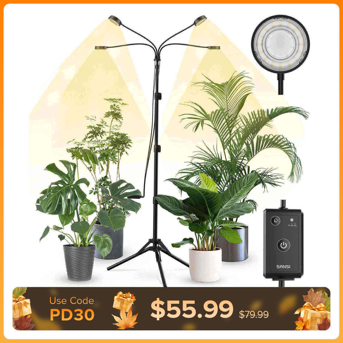 SANSI 40W 4-Head Adjustable Tripod Stand Grow Light with Remote Control