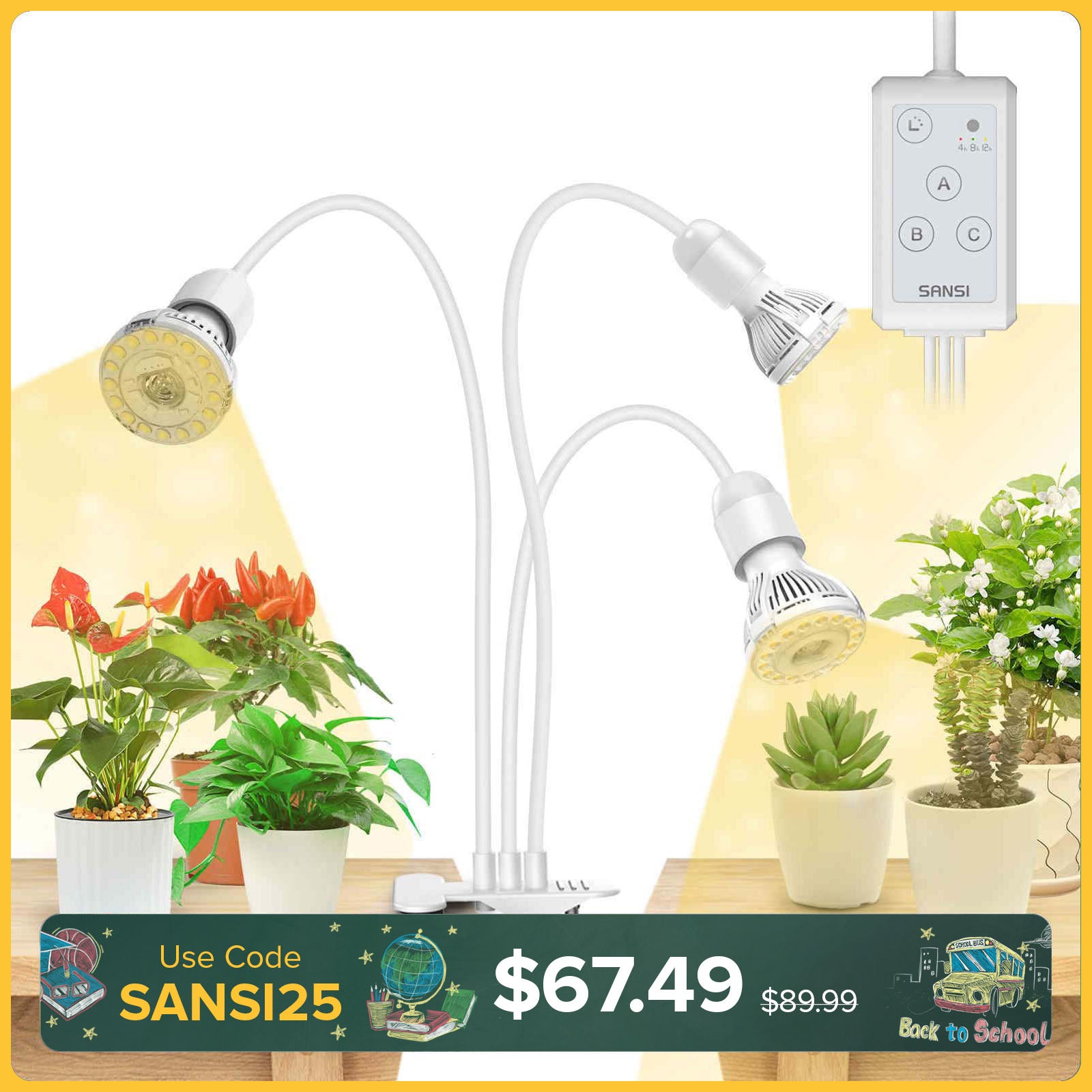 30 W verstellbare 3-Kopf-Clip-on-LED-Wachstumslampe mit Timer/ohne Timer
