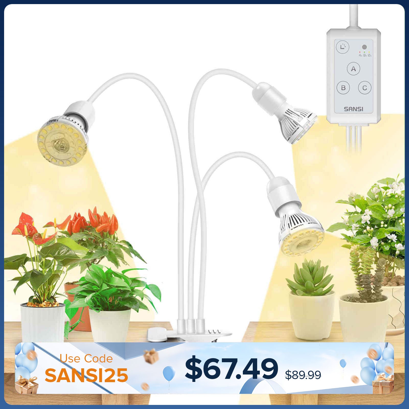 30 W verstellbare 3-Kopf-Clip-on-LED-Wachstumslampe mit Timer/ohne Timer