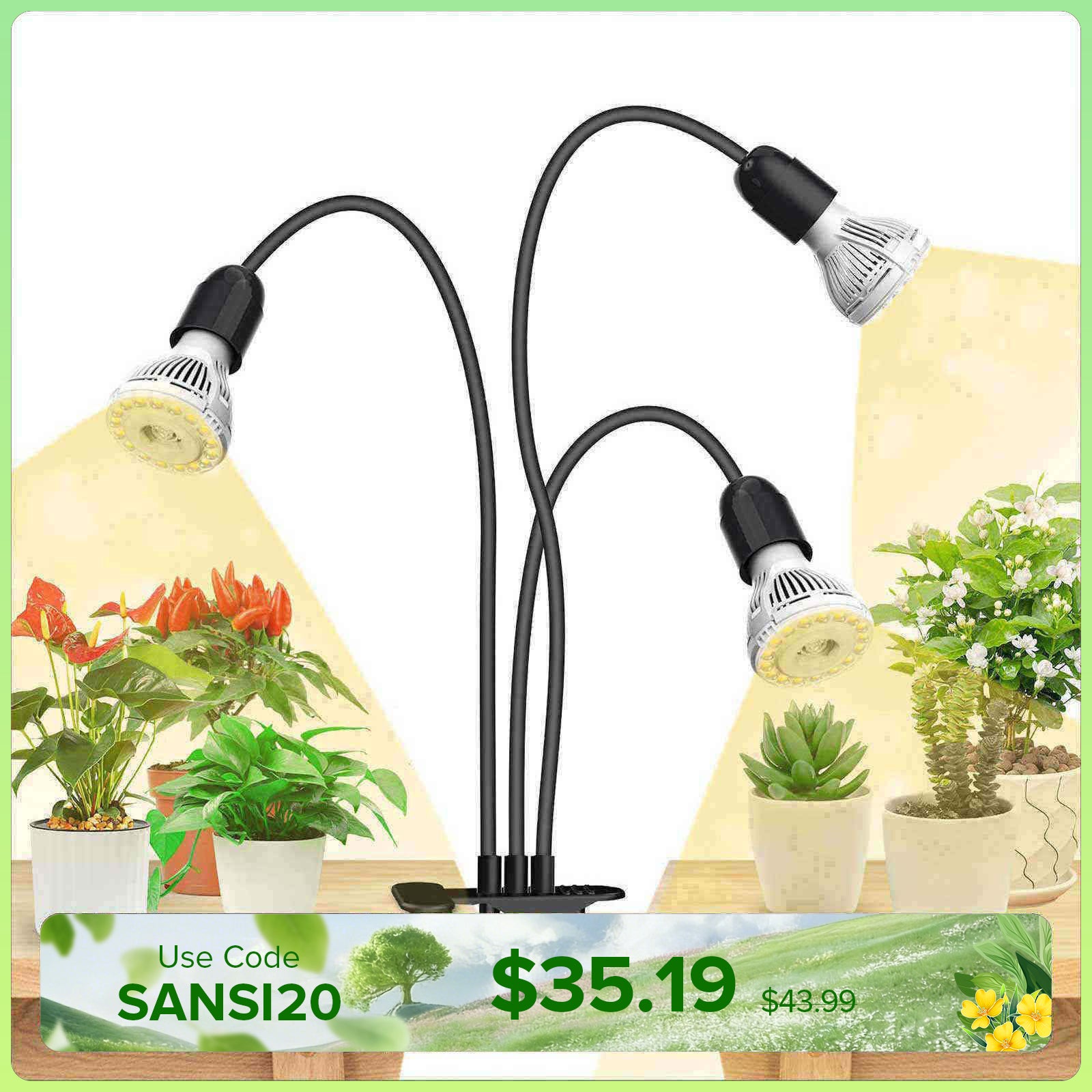 30W Adjustable 3-Head Clip-on LED Grow Light (US/CA ONLY)