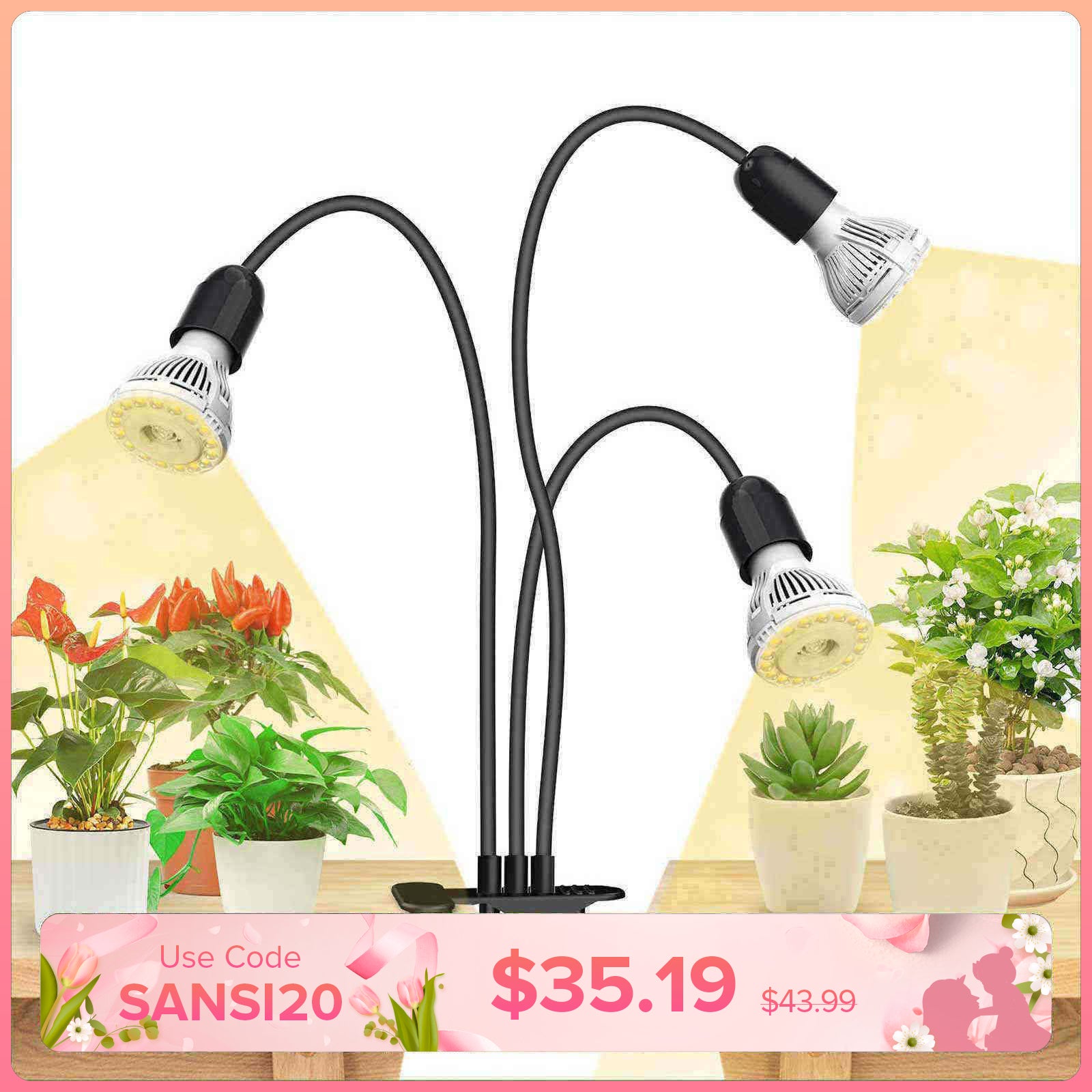 Lampada LED da coltivazione con clip regolabile a 3 teste da 30 W (SOLO USA/CA) 