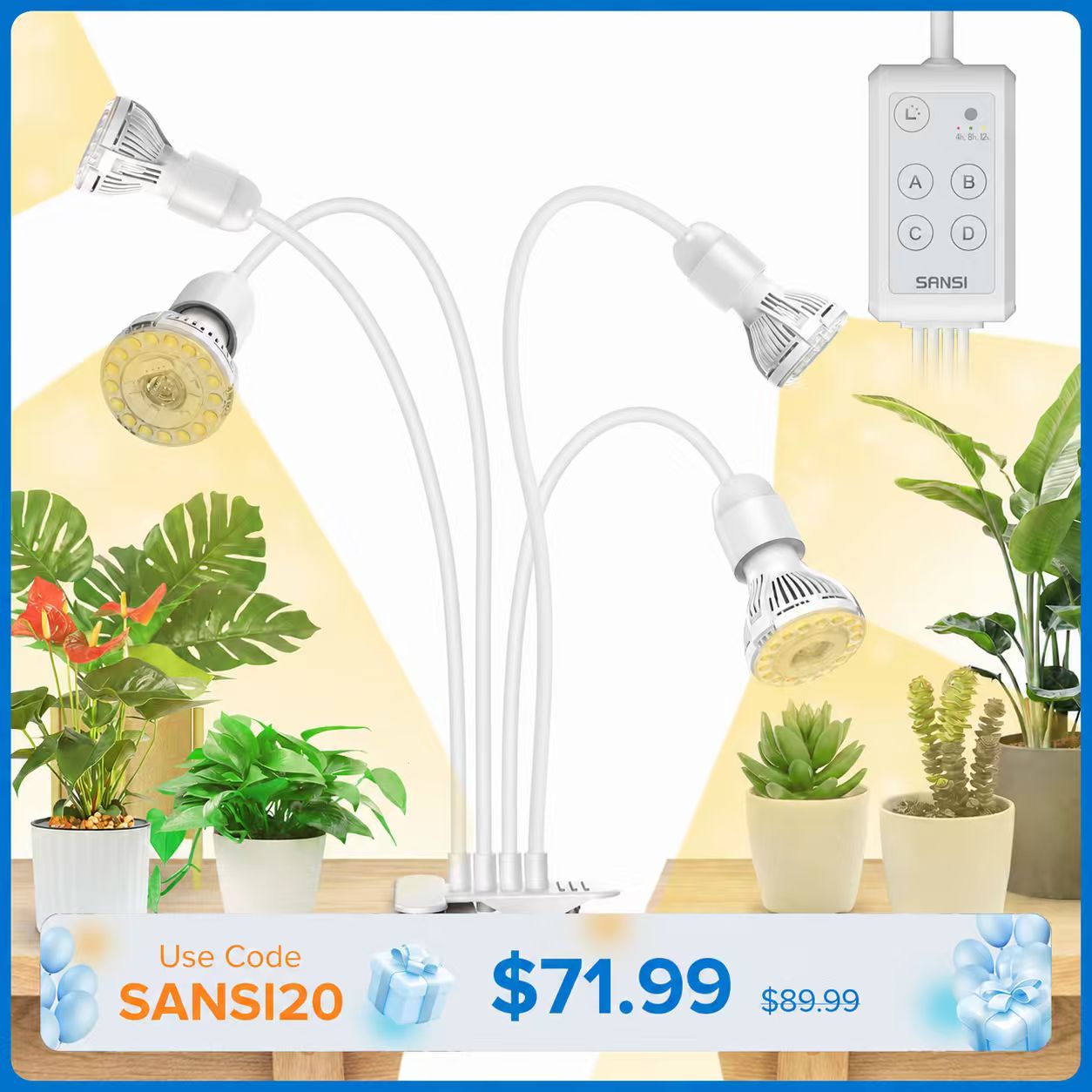 SANSI 40W Adjustable 4-Head Clip-on LED Grow Light with Timer-White
