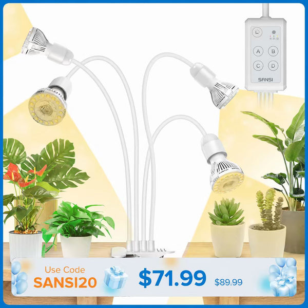 Lampada LED per la coltivazione SANSI da 40 W, regolabile, a 4 teste, con clip e timer, bianca