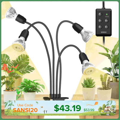 40-W-LED-Pflanzenlampe mit 4 verstellbaren Köpfen und Timer zum Anklemmen.