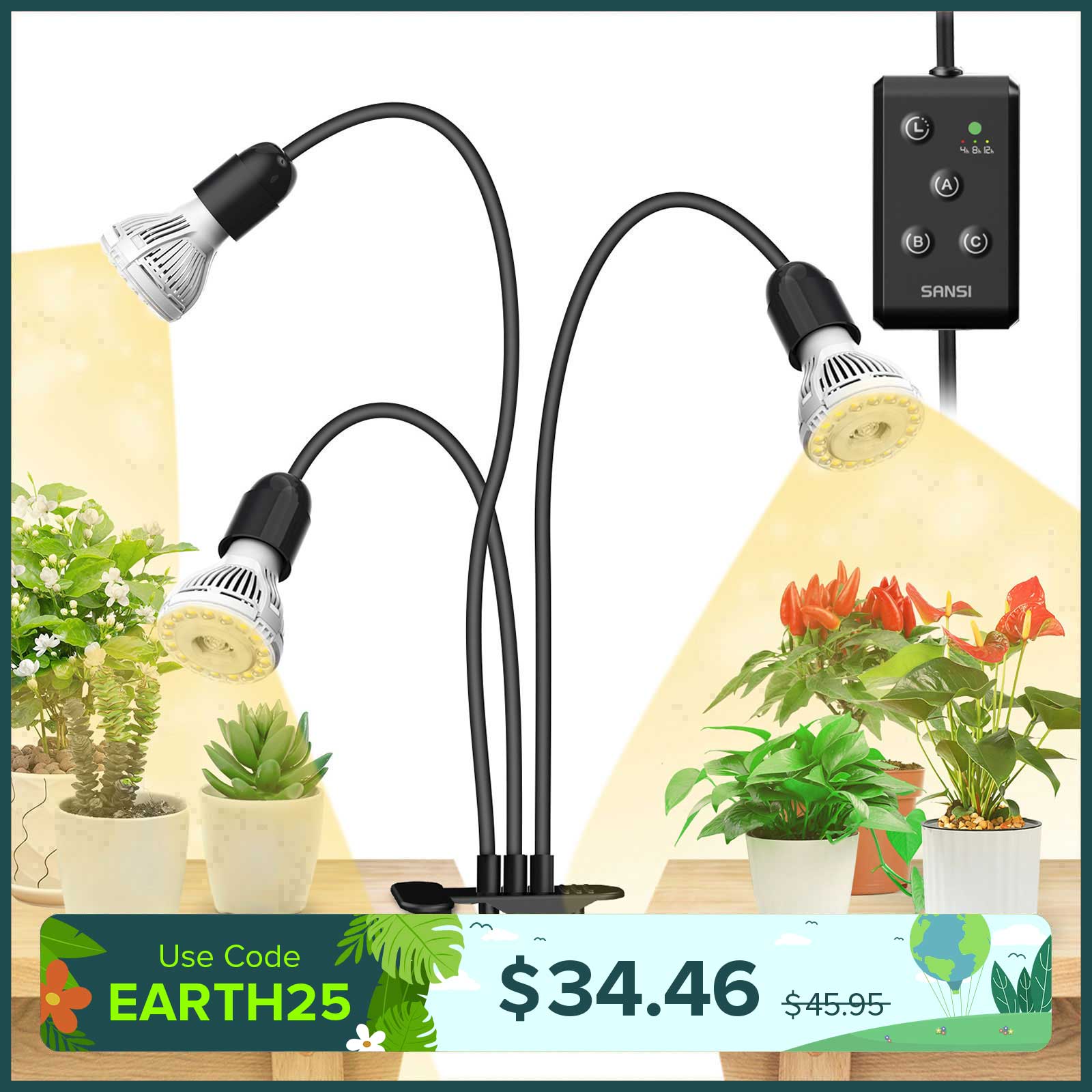 30W Adjustable 3-Head Clip-on LED Grow Light with Timer/No Timer