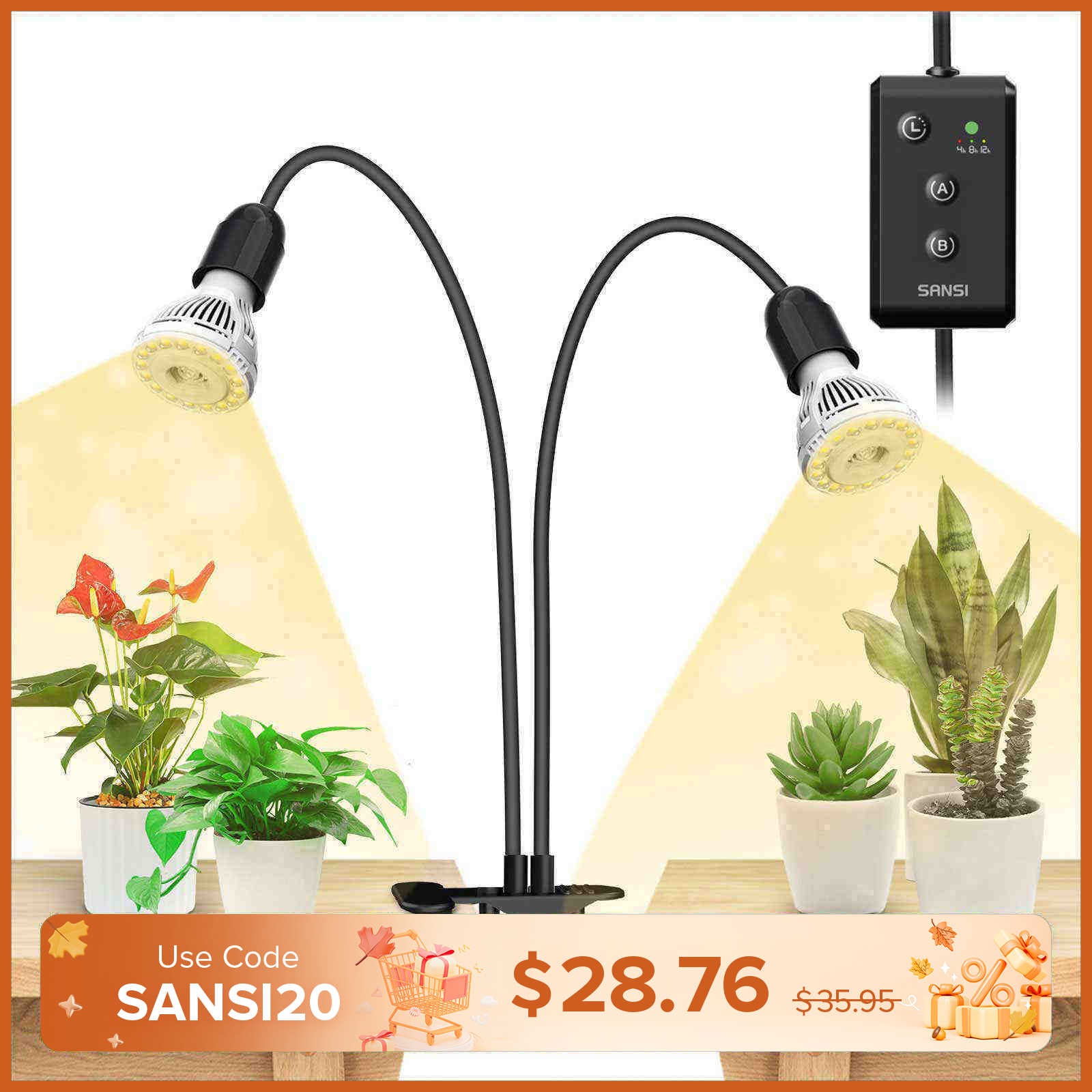 20W Adjustable 2-Head Clip-on LED Grow Light With Timer/No Timer