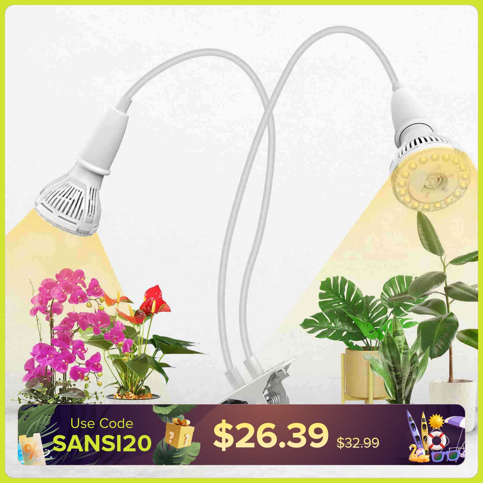 20W Adjustable 2-Head Clip-on LED Grow Light