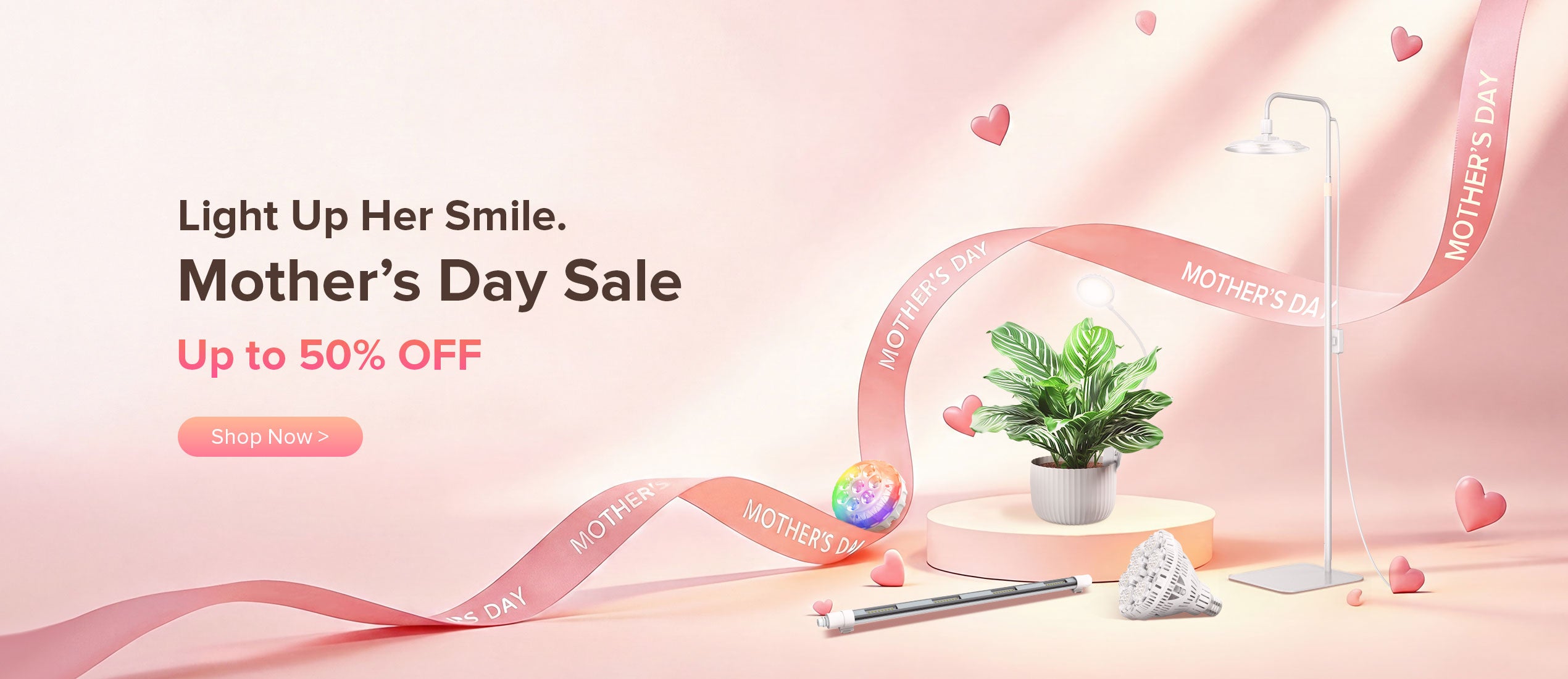 Promotional banner for Mother's Day sale with decorative elements on a pink background.